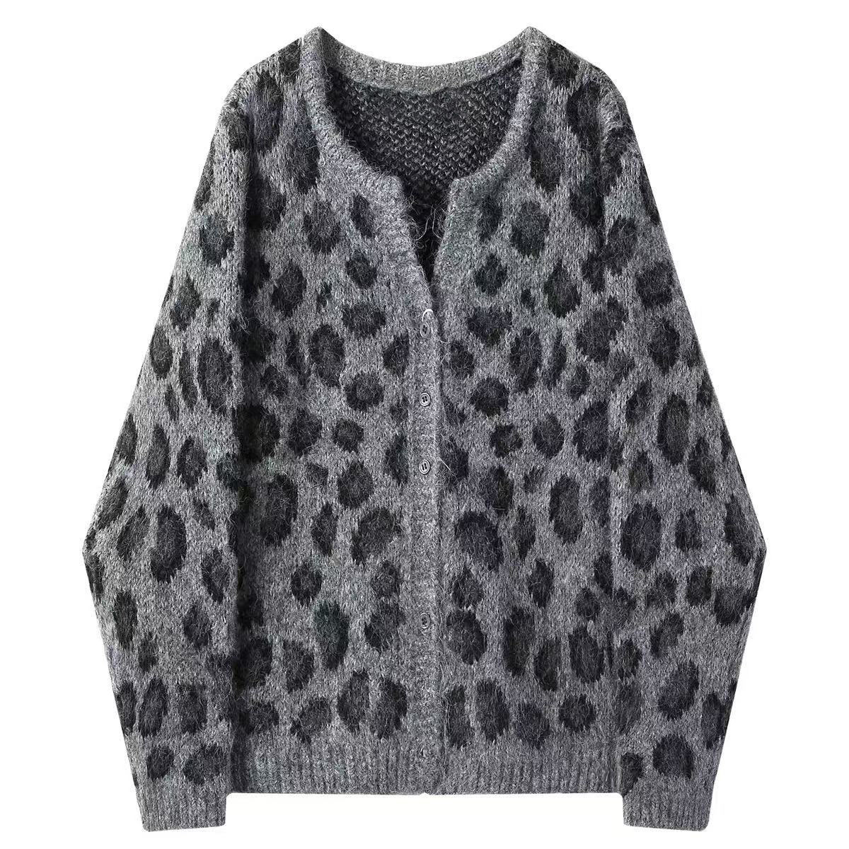 Laid-back Leopard Print Melange Cardigan Sweater, Retro Short Slim Fit Outerwear — image 8