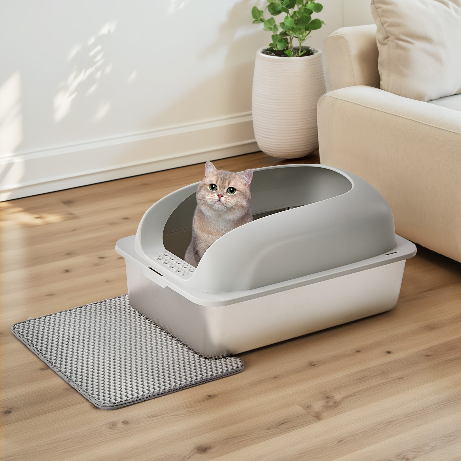 Caja de Arena para Gatos en Acero Inoxidable con Tapadera, Gran Caja de Arena para Gatos Grandes, Escoba y Manta Incluidas — imagen 37