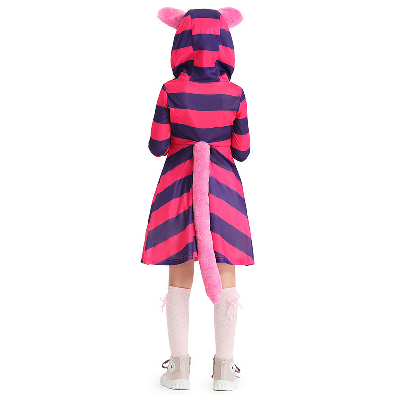 Cute Cat Paw Printed Dress for Kids - Purple Striped Smiling Cat Design, Children's Performance Outfit — image 5