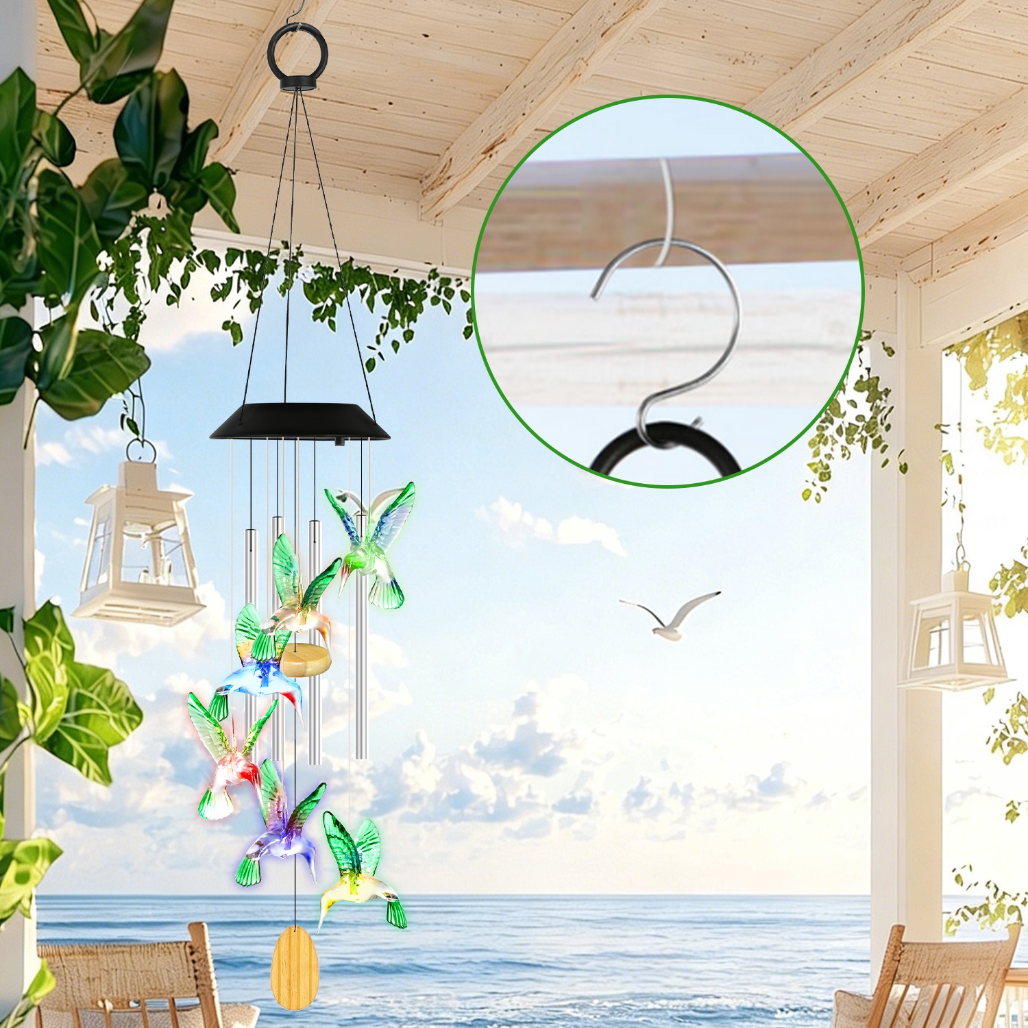 Solar Hummingbird Wind Chime With Aluminum Tubes 7 Color Changing Wind Chime For Outside IPX4 Waterproof Outdoor Garden Yard Decor — image 9