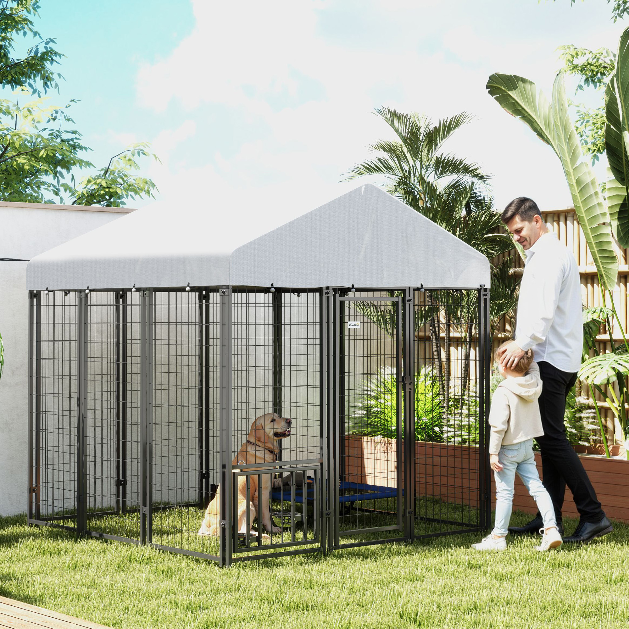 5.9 x 5.9 x 6 Outdoor Dog Kennel with Roof, Rotating & 4-Level Adjustable Bowls — image 1