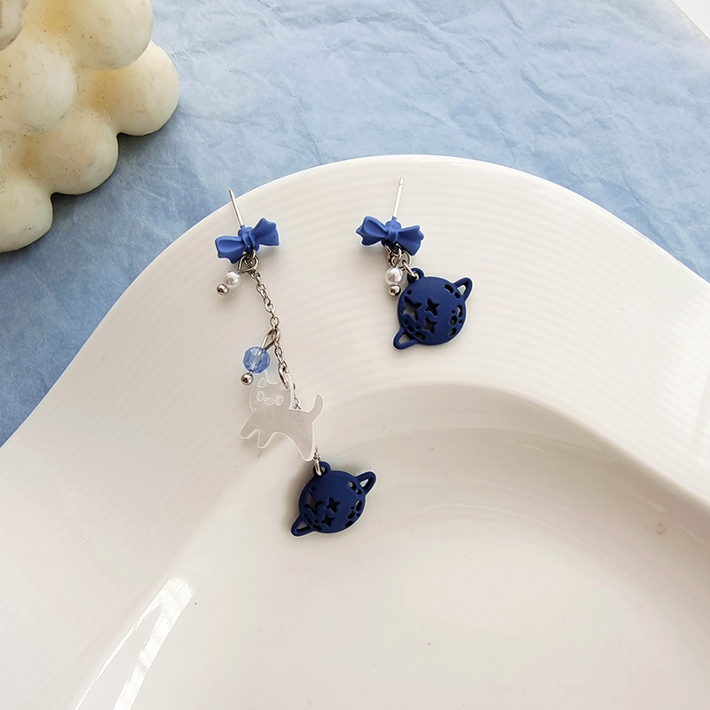 Pendientes de aguja de plata S925 Klein Blue Bow, asimétricos, de gato, largos — imagen 3