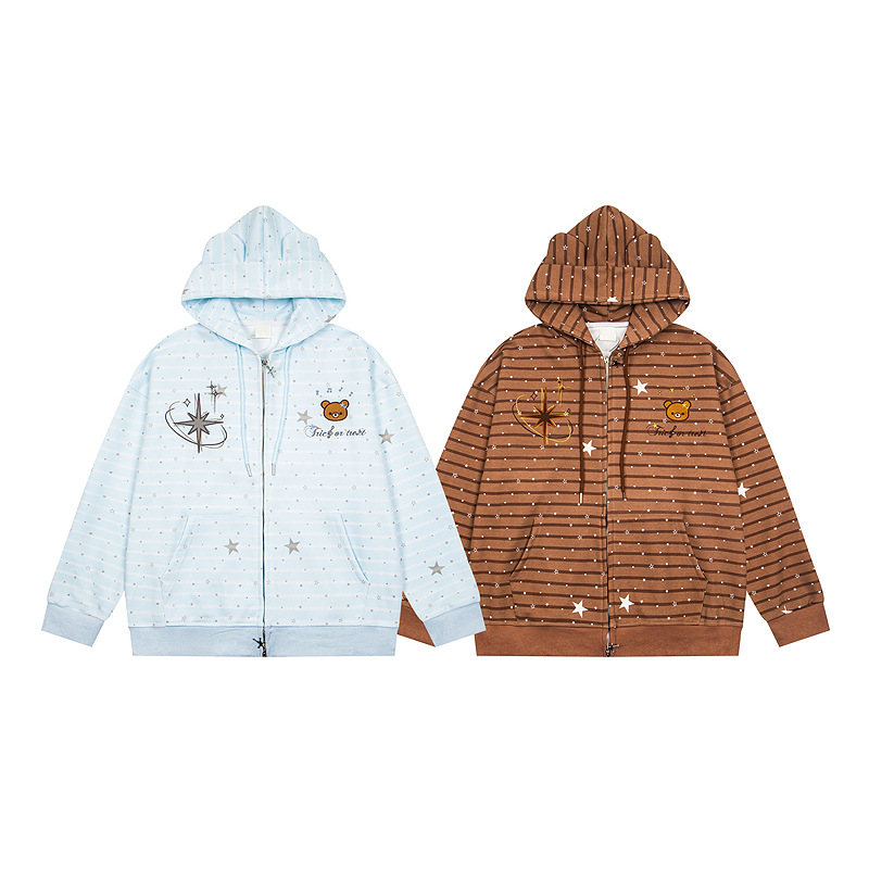 Striped star teddy bear loose shoulder zipper sweatshirt jacket — image 4