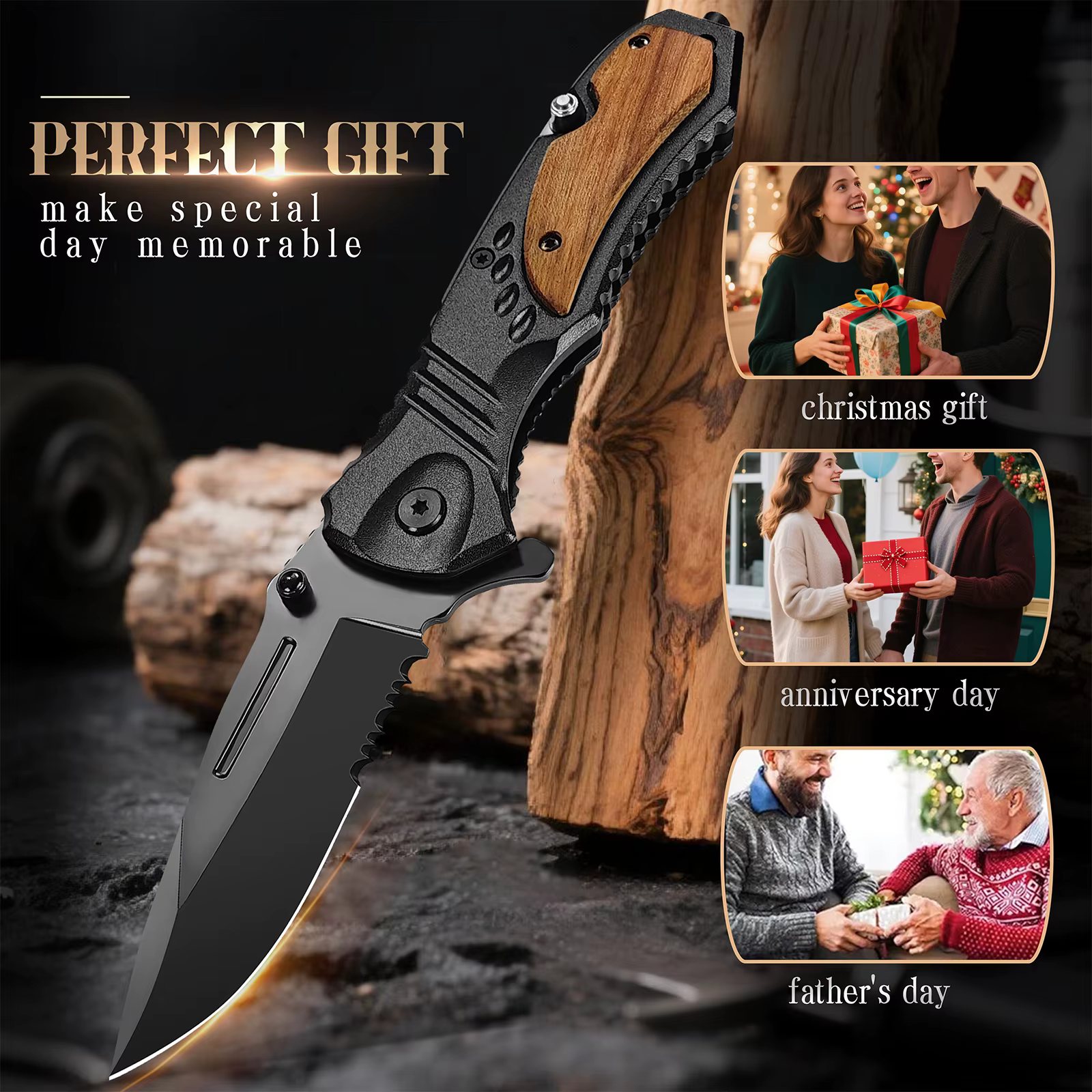Men's Wood Inlay Handle Foldable Pocket Knife Multifunctional EDC Utility Cutter with Pocket Clip for Outdoor Camping Travel — image 3