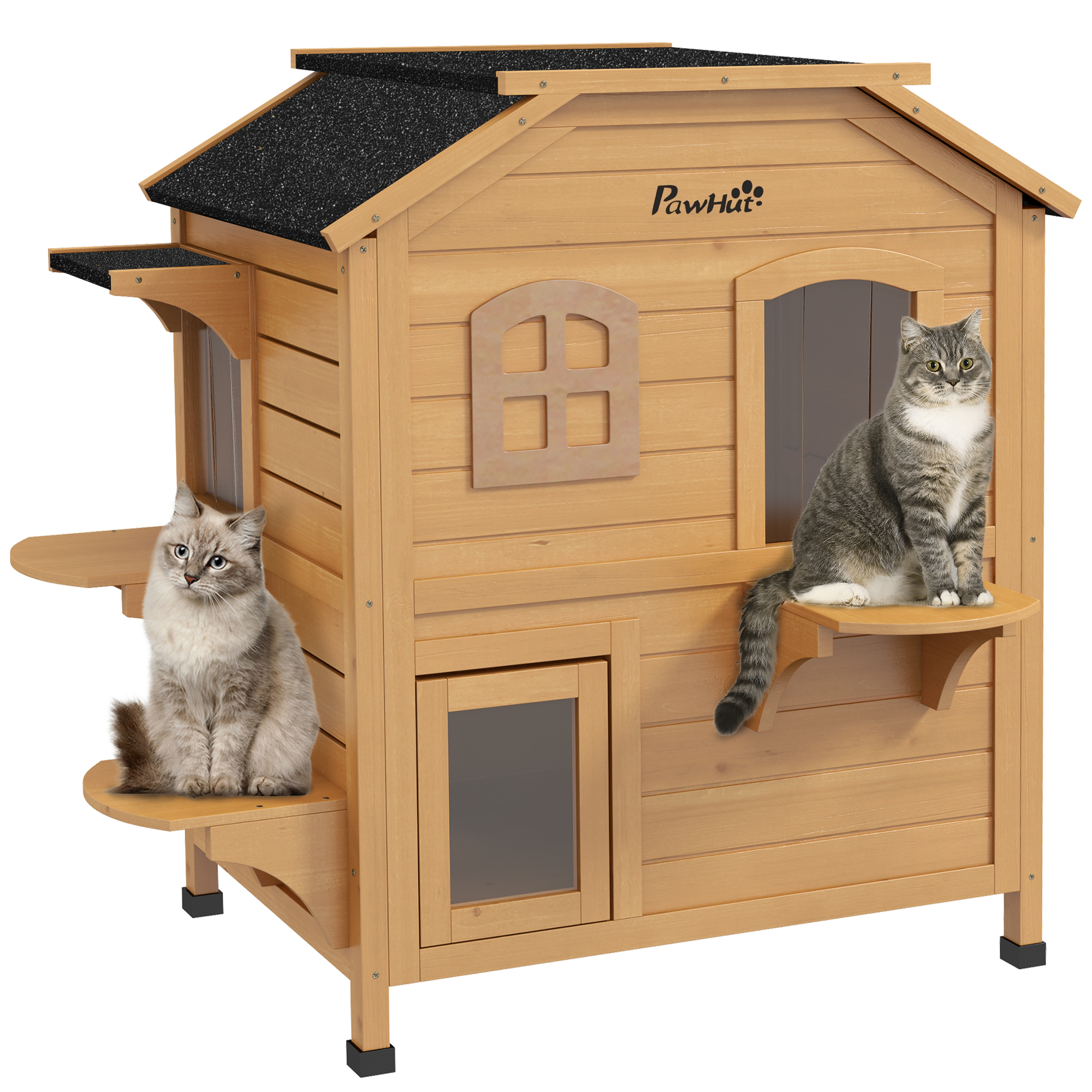 Casa de Madera para Gatos de Exterior de 2 Pisos, Refugio para Gatos Callejeros con Puerta de Escape, Techo Asfáltico, 4 Plataformas, Natural — imagen 3
