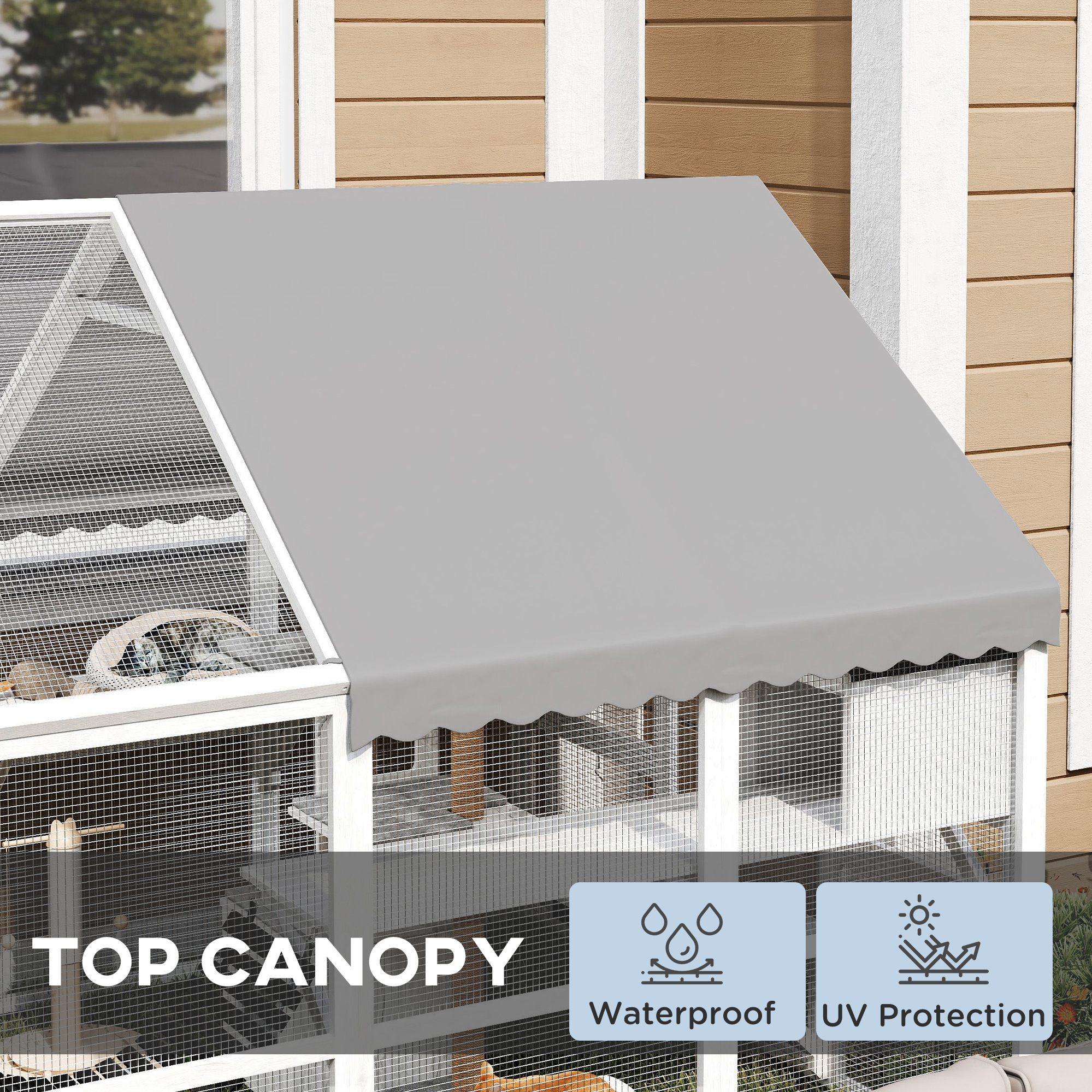 Wooden Catio Outdoor Cat Enclosure With Waterproof Cover, 2 Condos, 6 Platforms, Bridge, Doors, White — image 5
