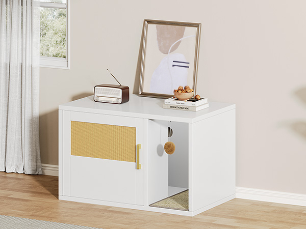 Caja de Limpieza para Gatos Multifuncional de Diseño Blanco Moderno Casa para Gatos con Lavabo y Mesa de Sílabo para Dormitorio y Salón — imagen 34