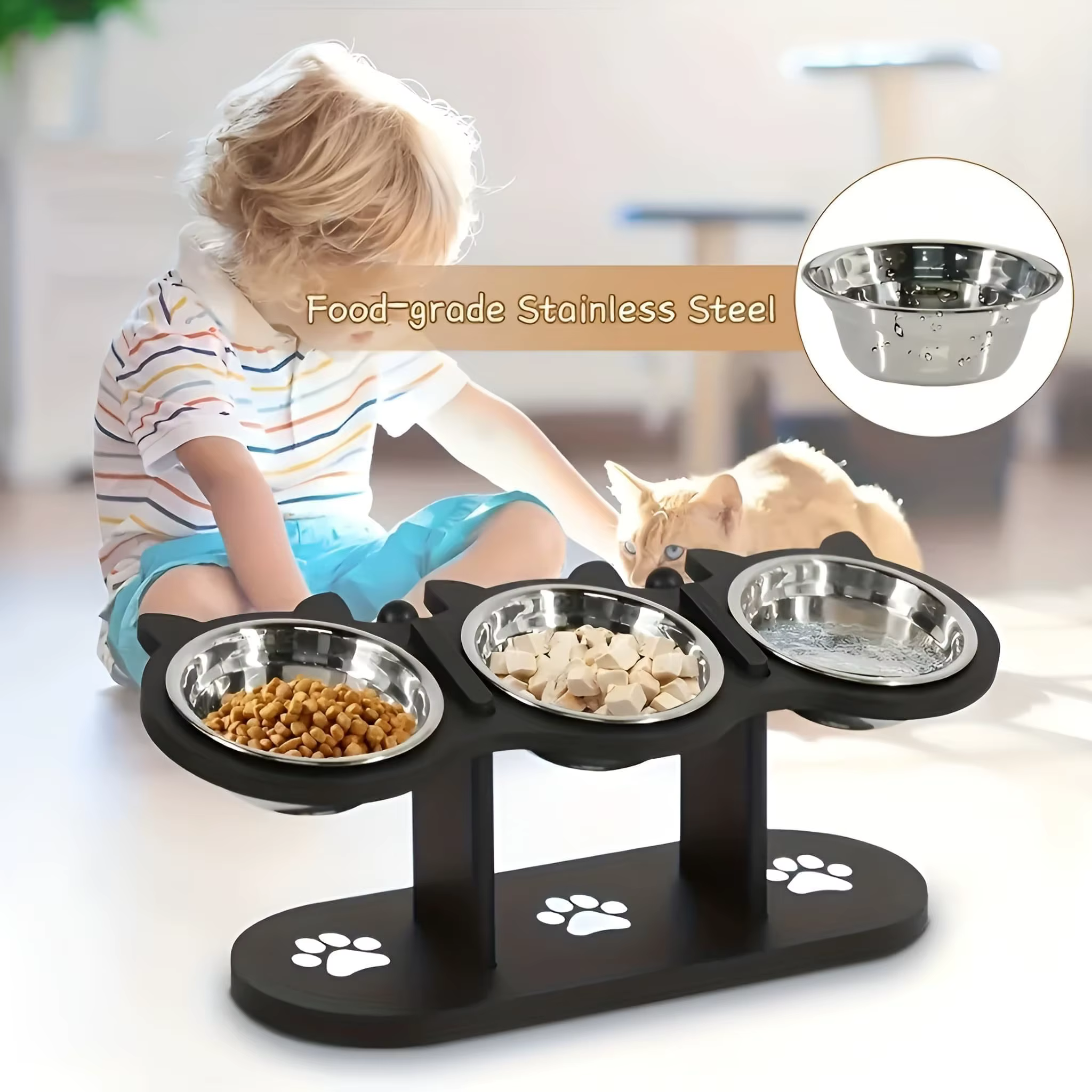 Elevated Cat Food Bowl with Black Wooden Support Frame Stainless Steel Cats Bowls 15° Stand Sloped Feeding & Watering Supplies — image 4