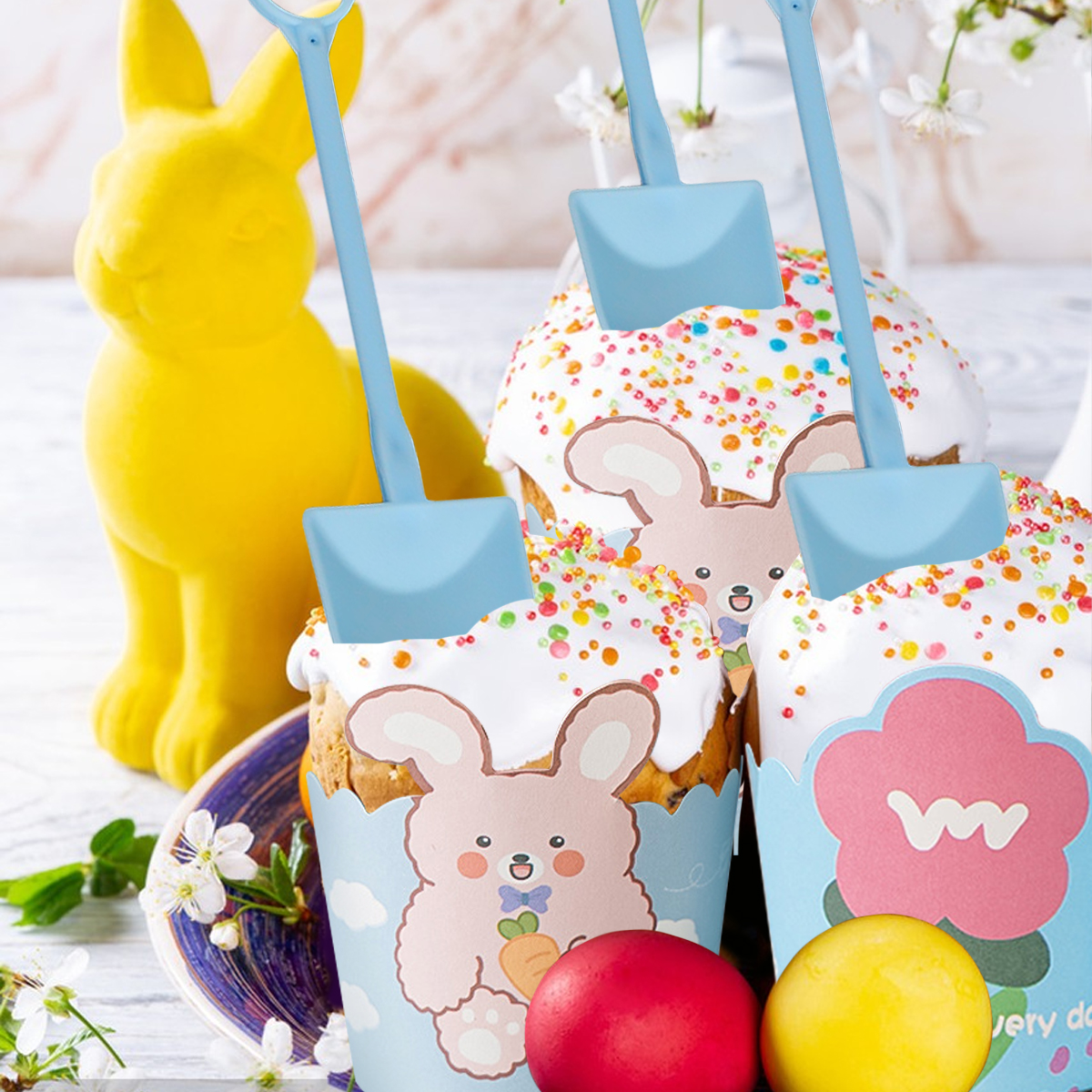 Cute Cupcake Liners Wrappers With Plastic Spoons Bunny Flower Pattern Paper Baking Cup Scalloped Edge Cupcake Muffin Cases For Easter Spring Birthday Wedding Holiday Party Supplies — image 5