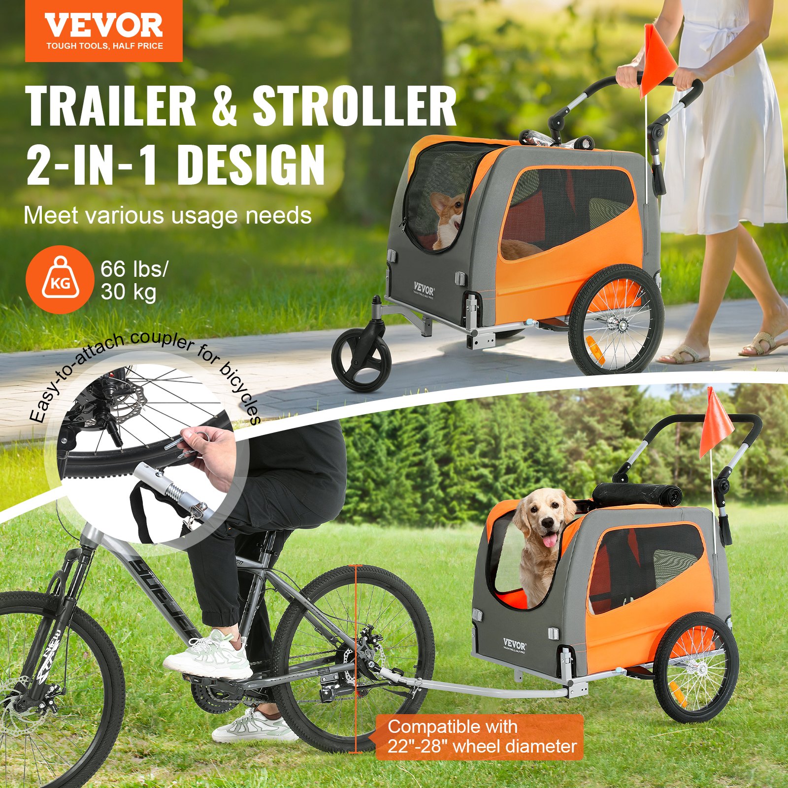 Dog Bike Trailer, Supports Up To 66 Lbs, 2-in-1 Pet Stroller Cart Bicycle Carrier, Easy Folding Cart Frame With Quick Release Wheels, Universal Bicycle Coupler, Reflectors, Flag, Orange/Gray — image 4