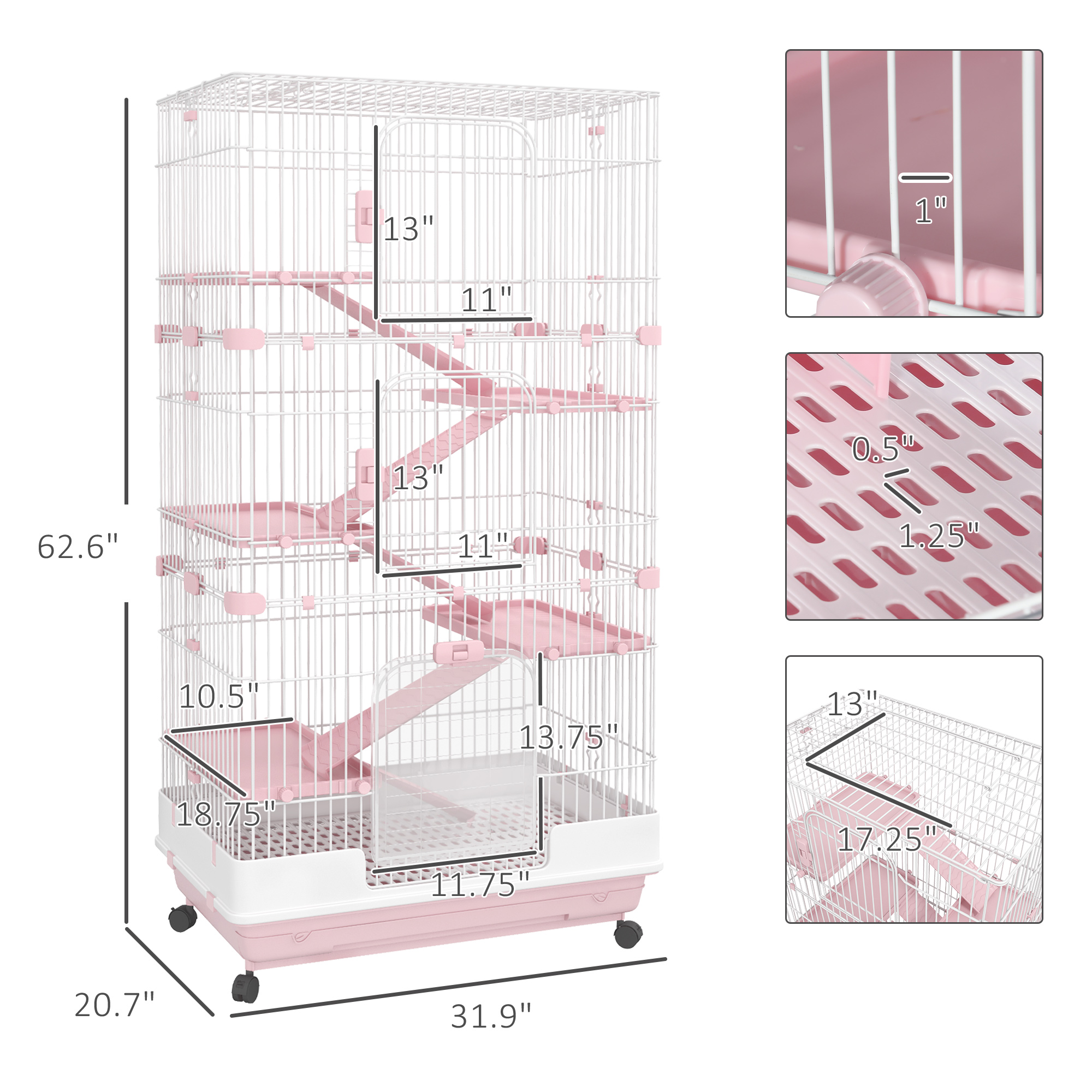 L 6-Level Small Animal Cage Rabbit Hutch with Universal Lockable Wheels, Slide-out Tray for Bunny, Chinchillas, Ferret, Pink — imagen 5