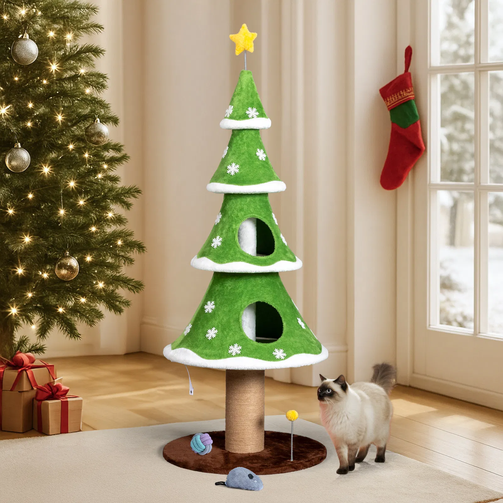 Large Tall Christmas Tree Cat Tower with 2 Cat Condos & Scratching Post, Soft Fleece Cat Tree with Teaser Toy & Sturdy Base & Built-in Openings for Indoor Cats, Green & White — image 13