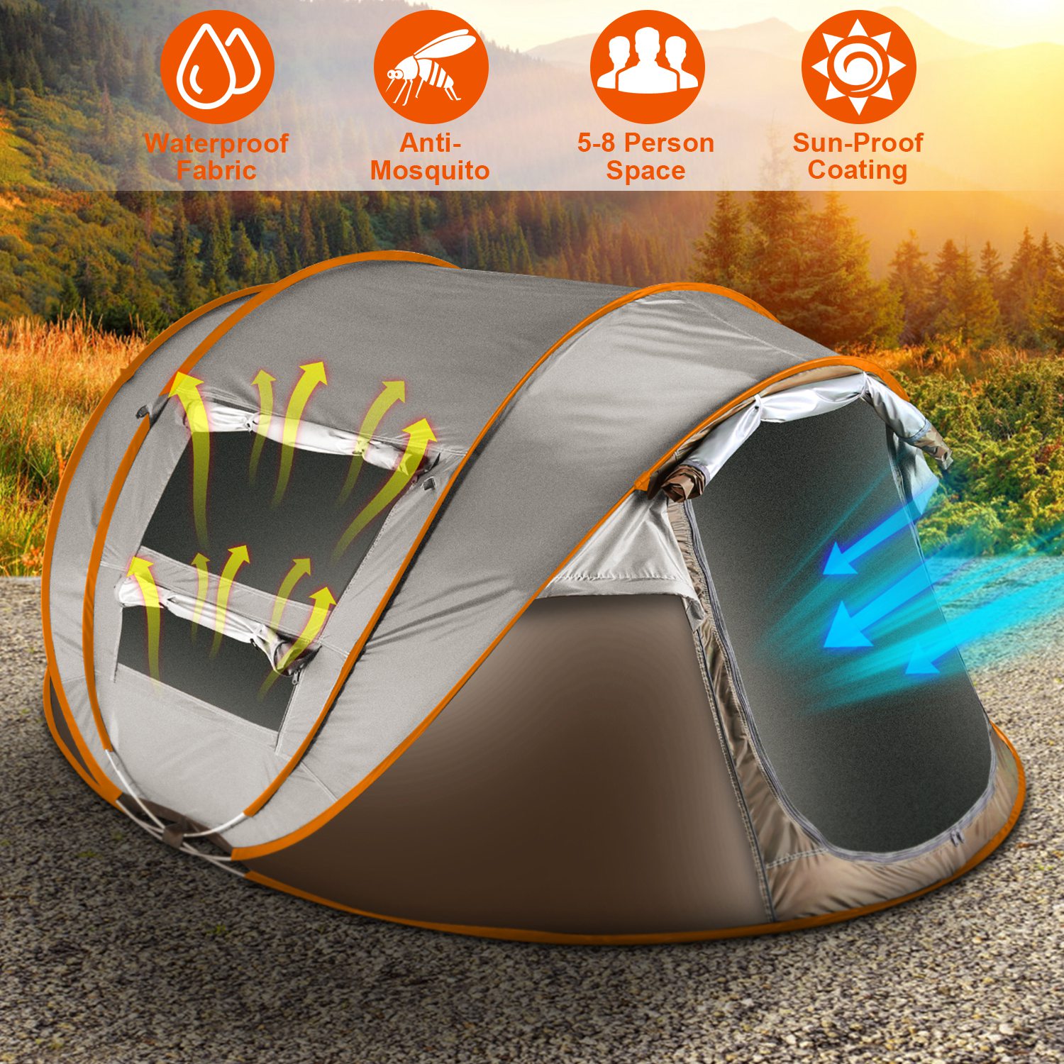 Carpa para 5-8 Personas de Armado Automático, Carpa de Camping Impermeable de Instalación Instantánea con 4 Ventanas con Mosquitero, Bolsa de Transporte, Ideal para Senderismo, Escalada, Aventura y Pesca — imagen 1