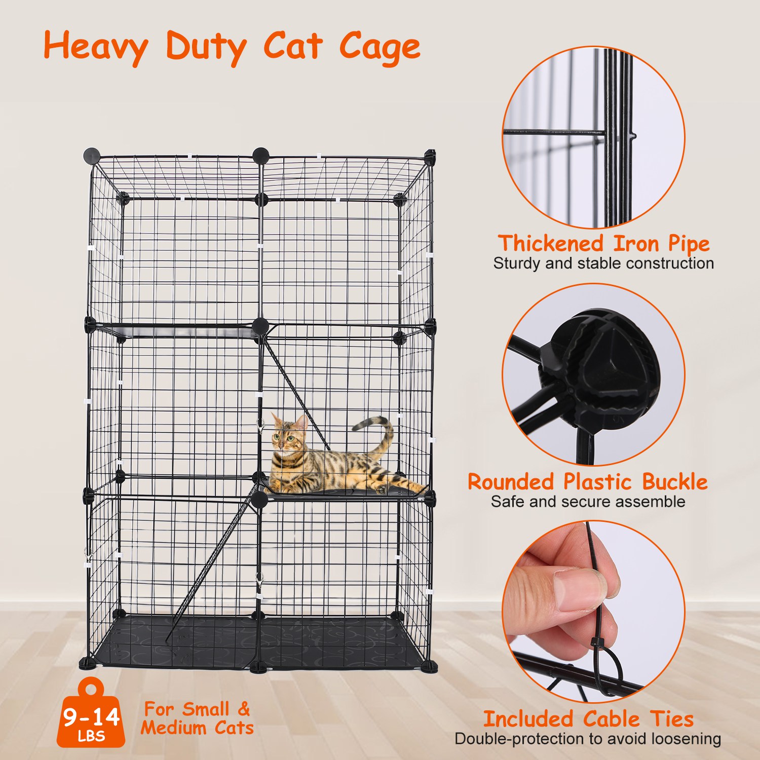 Jaula/Corral Metálico para Gatos de 3 Niveles, Casa Desmontable para Gatitos con 3 Puertas y 2 Escaleras, Amplio Espacio de Ejercicio para 1-2 Gatos, Negro — imagen 14