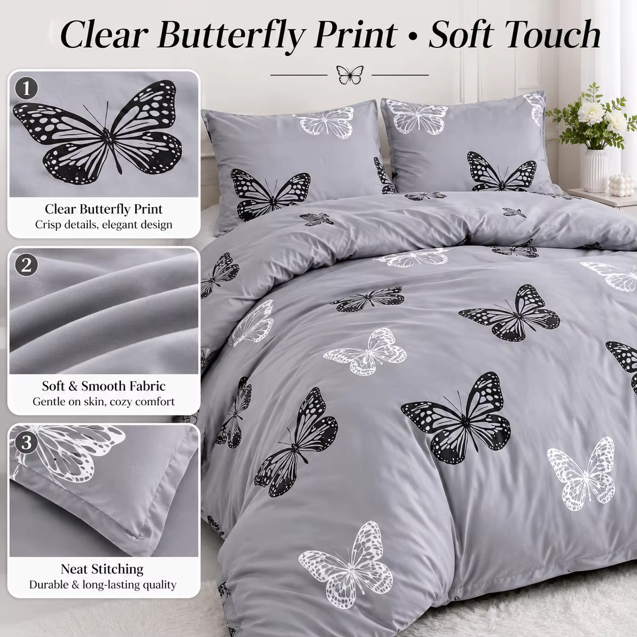3Pcs Gray Butterfly Duvet Cover Set Soft Bedding Set with Pillowcases, Black White Butterfly Bed Cover for Girls Teens Queen King Twin Full — image 5