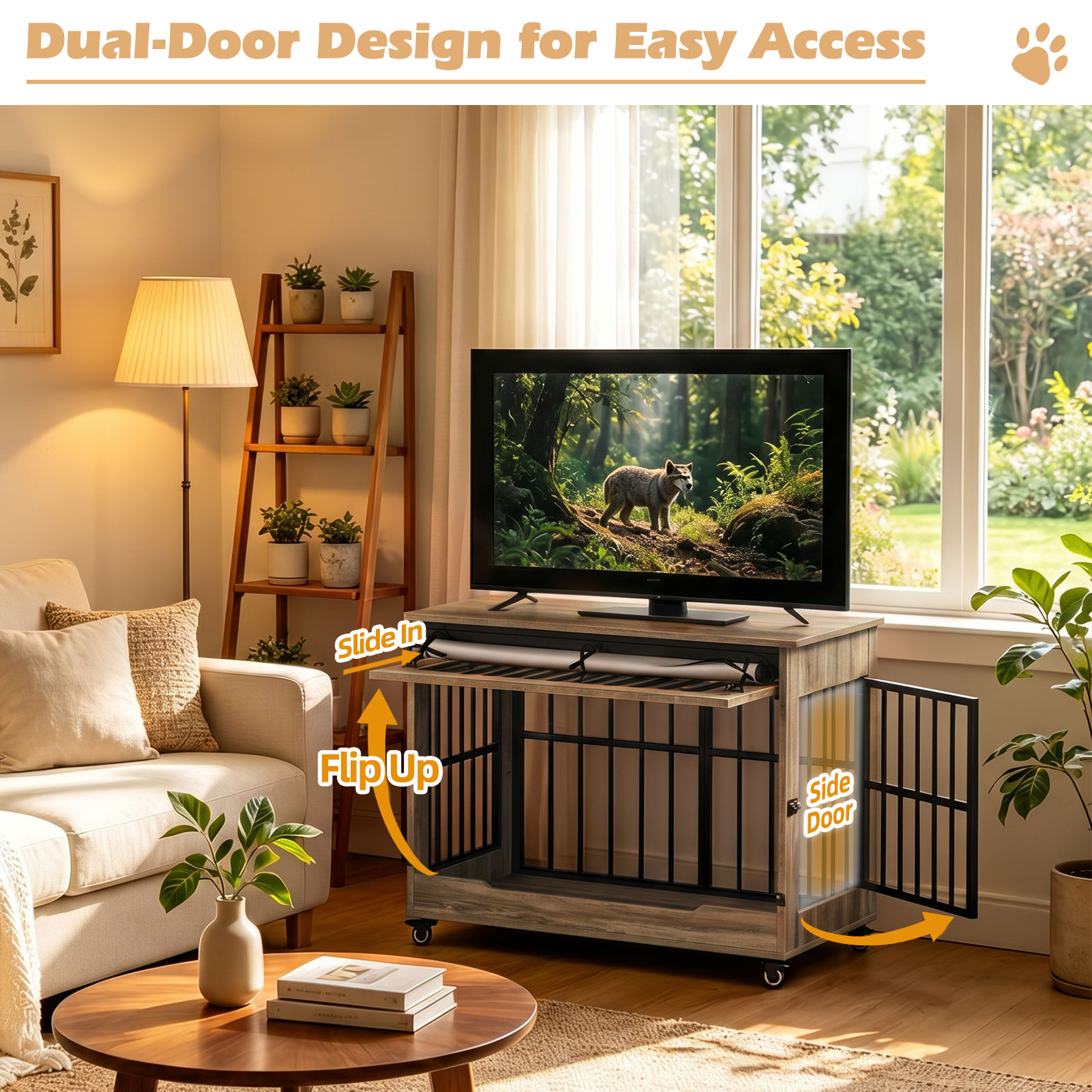 Dog Crate Furniture, Double Door Wooden Indoor Dog Kennel Furniture, Decorative Pet Cage End Table With Wheels For Large And Medium Breed Dogs, Size L, Greige — image 26