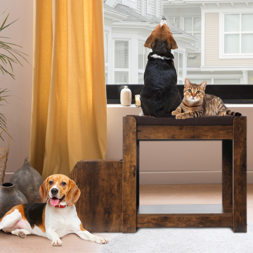 Cama de Perro con Escalera Removible para Mascotas, Plataforma Multinivel con Ventana y Asiento con Almohada y Puntero para Gatos — imagen 1