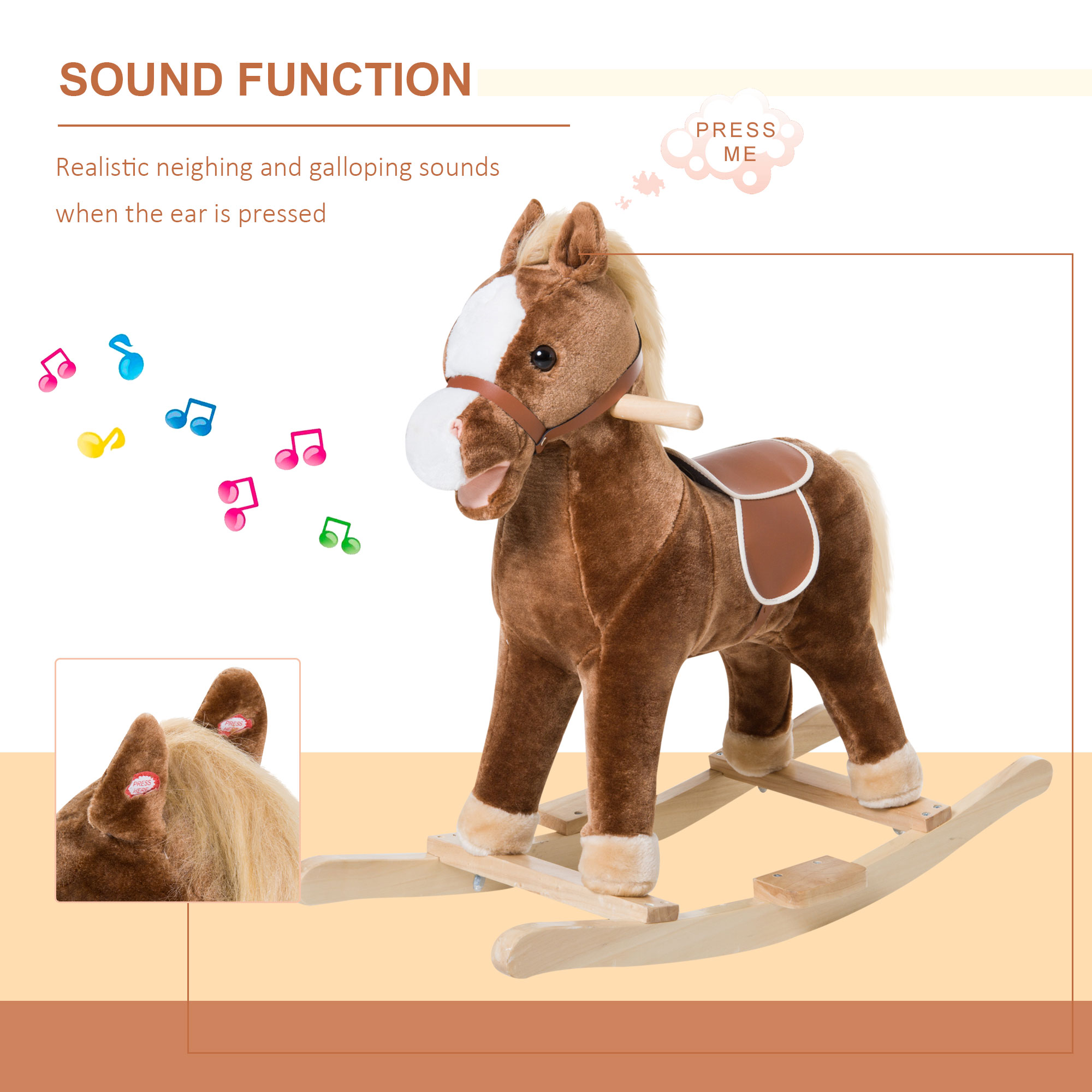 Kids Ride on Rocking Horse Toddler Plush Toy with Realistic Sounds for 3 Years Old Children - Brown — image 8