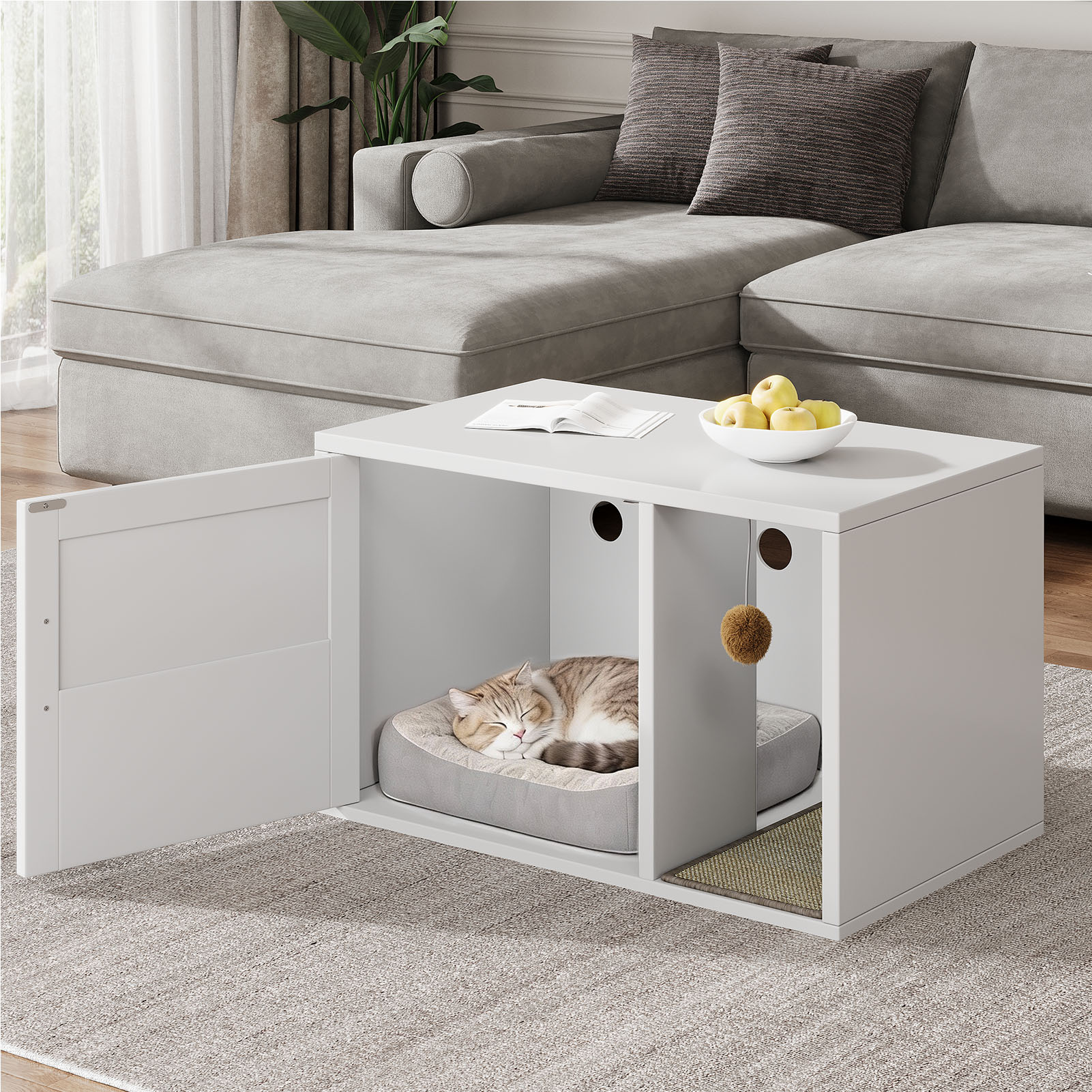 Caja de Limpieza para Gatos Multifuncional de Diseño Blanco Moderno Casa para Gatos con Lavabo y Mesa de Sílabo para Dormitorio y Salón — imagen 7