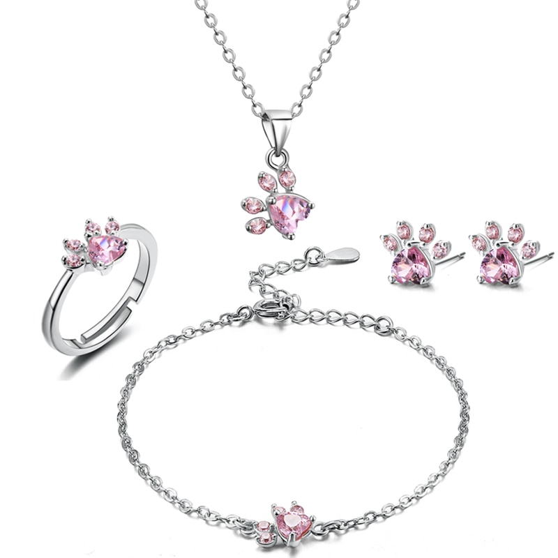 4 Piezas Anillo de Huellita de Gato, Oso y Perro para Mujer, Set de Joyería con Piedra CZ Blanca, Anillos, Collar, Pulsera y Aretes en Plata y Oro — imagen 3