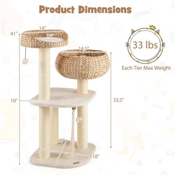Árbol de Gatos tejido a mano con juncos de Hyacinth acuática, 3 postes de sisal para rascar centros de actividad multi-nivel para gatos - Blanco — imagen 2