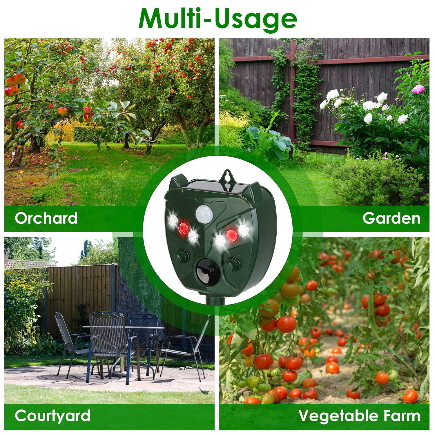 Repelente Solar Ultrasonico para Animales Exterior con 5 Velocidades para Jardín Granja Cauce de Ratas Mapaches Ardillas Conejos Perros Gatos y Vertebrados Acuáticos con Alarma Lámpara Stroboscópica IP44 — imagen 5