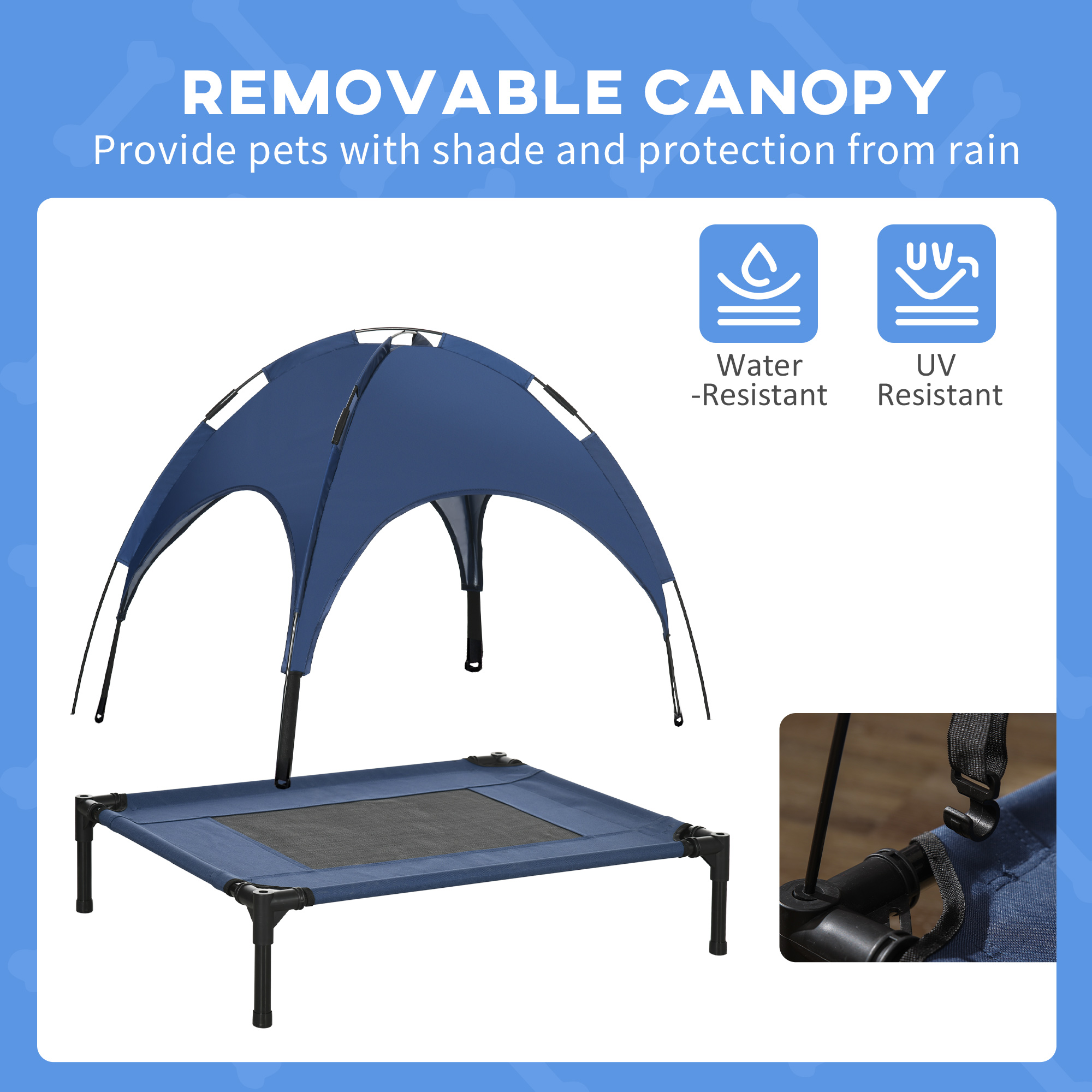 Cama Elevada Portátil para Perros con Techo de Protección UV, 30 pulgadas, Azul Oscuro — imagen 8