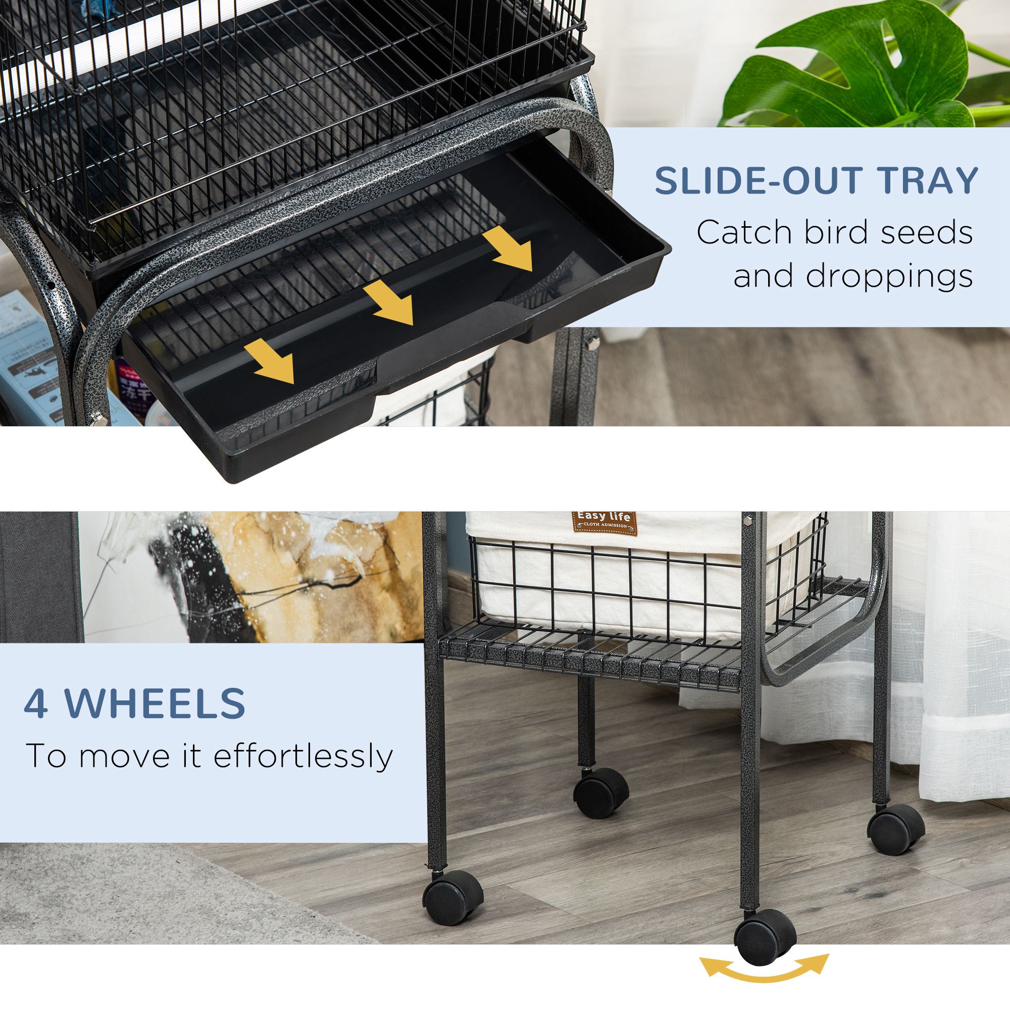 45-inch Metal Indoor Bird Cage, Parrot Cage, Bird Aviary with Detachable Rolling Stand, Storage Basket, and Accessories - Black — image 3