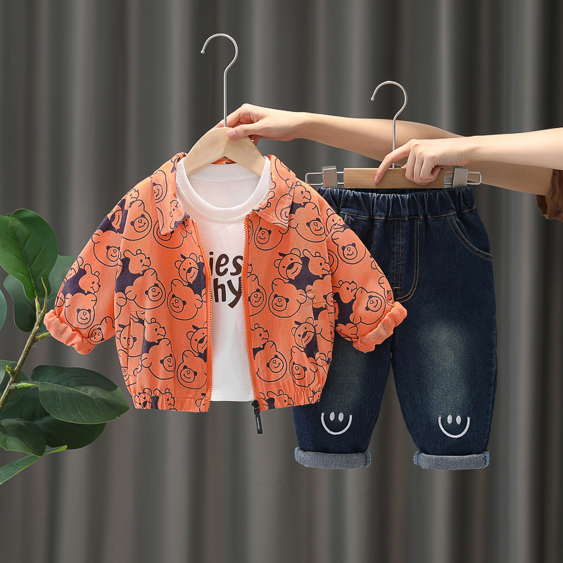 Unisex Toddler All-Over Bear Print Zip-Up Jacket and Pants 3-Piece Set 0-4 Years Spring Autumn Kids Clothing — image 3