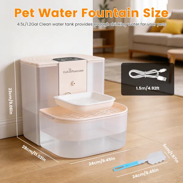 Filtro de Agua Inteligente para Mascotas, Regurgitador Automático para Gatos con 4.5L Capacidad Sin Cable Recargable, Dispensador de Agua para Perros con Auto-Reabastecimiento y 3 Niveles de Volumen, 3 Intervals de Tiempo, Control Remoto y Cepillo de Limpieza — imagen 4