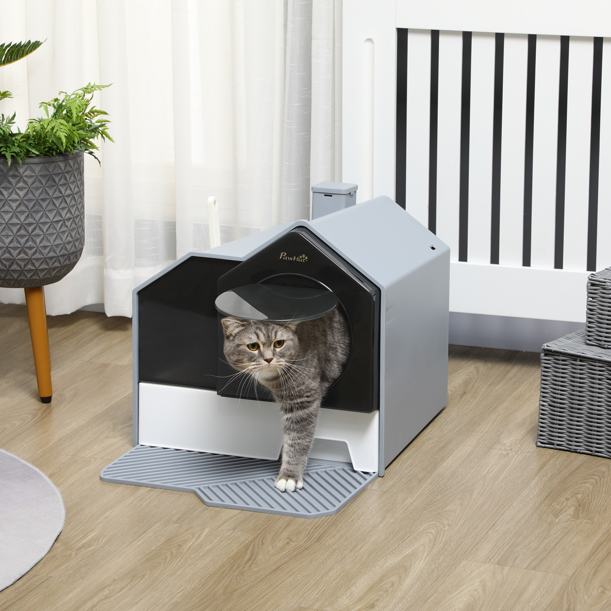 Hooded Cat Litter Box w/ Litter Mat, Litter Particle Catching, Gray — image 1
