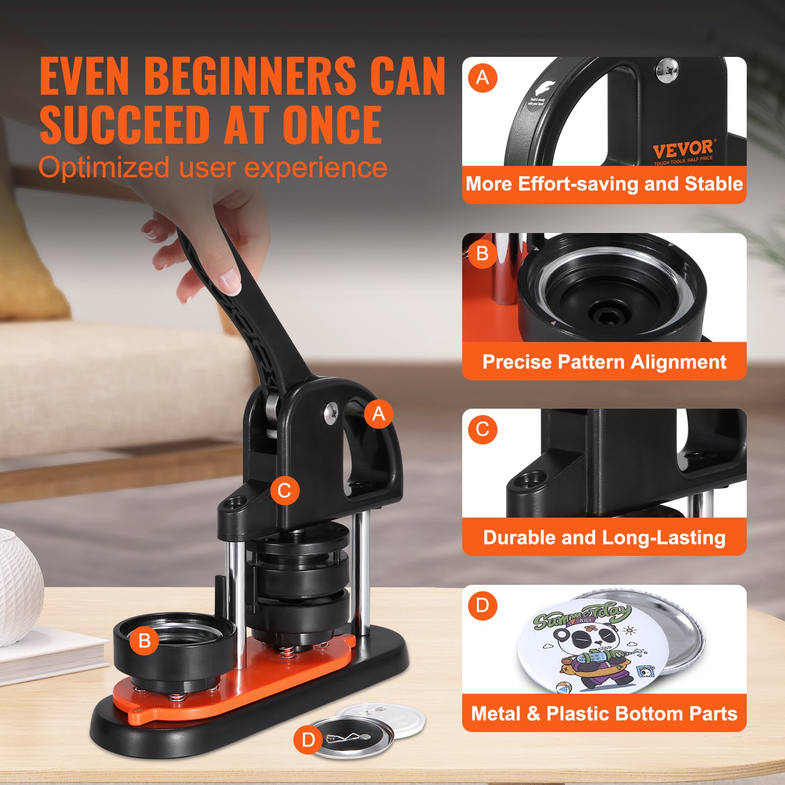 Máquina para hacer botones VEVOR, 2,28 pulgadas 58 mm con 100 piezas de partes de botón, mango ergonómico en forma de arco, kit de prensa de botones con Panda Magic Book, para manualidades infantiles regalos y Navidad — imagen 7