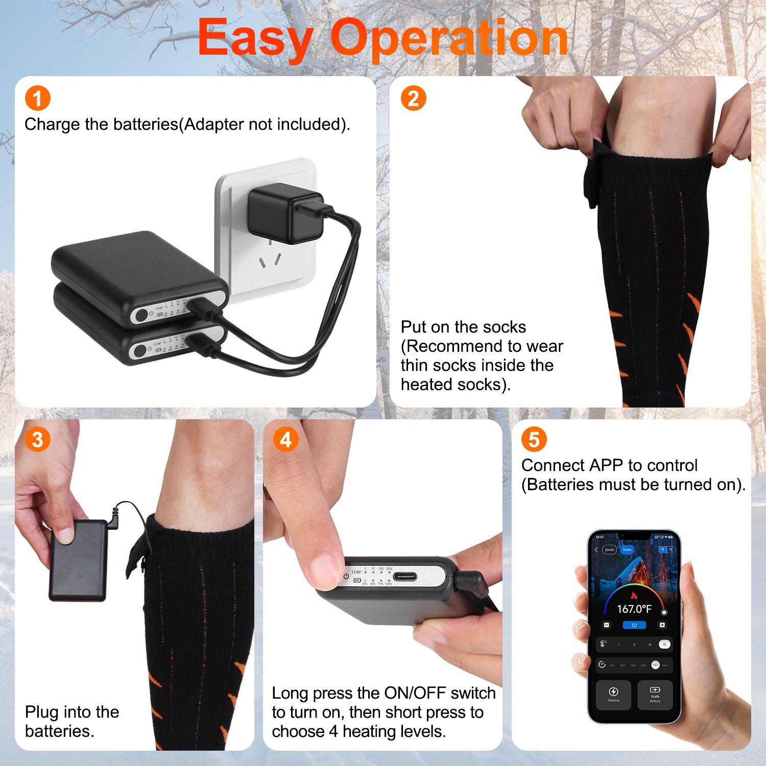 2 Opciones de Tipo - 1 Par de Calcetines Térmicos para Hombre y Mujer, Calcetines Eléctricos Calefactables con Control por APP, Batería Recargable de 5000mAh, Calcetines Térmicos de Invierno para Esquí, Senderismo, Camping y Caza — imagen 15