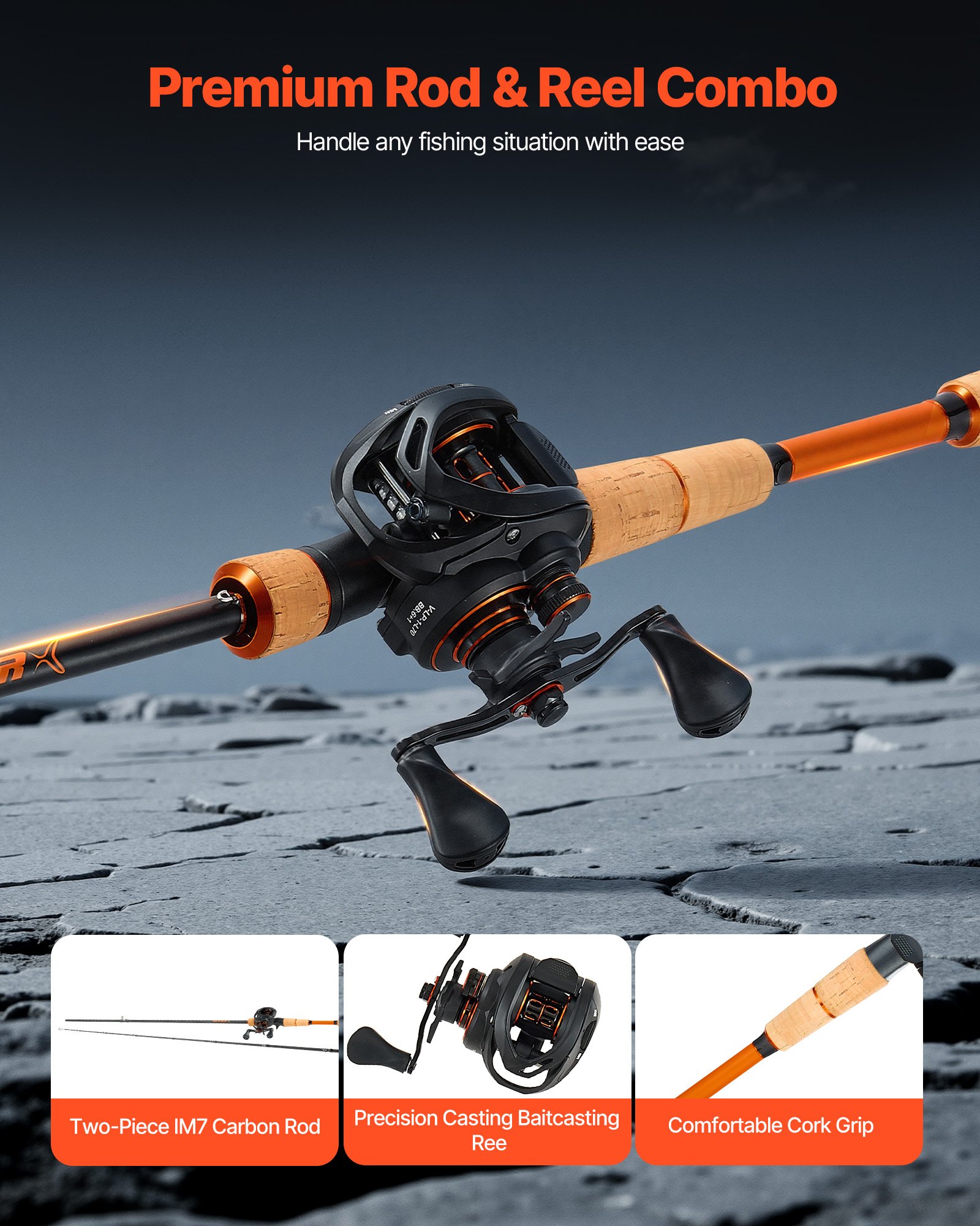 Rod And Fishing Reel Combo, IM7 Carbon Fiber Baitcasting Rod And Reel Combo, Bass Fishing Pole With 7+1 BB System, 7.0:1 Gear Ratio, Cork Handle, Stainless Steel Guides With Ceramic Rings — image 3