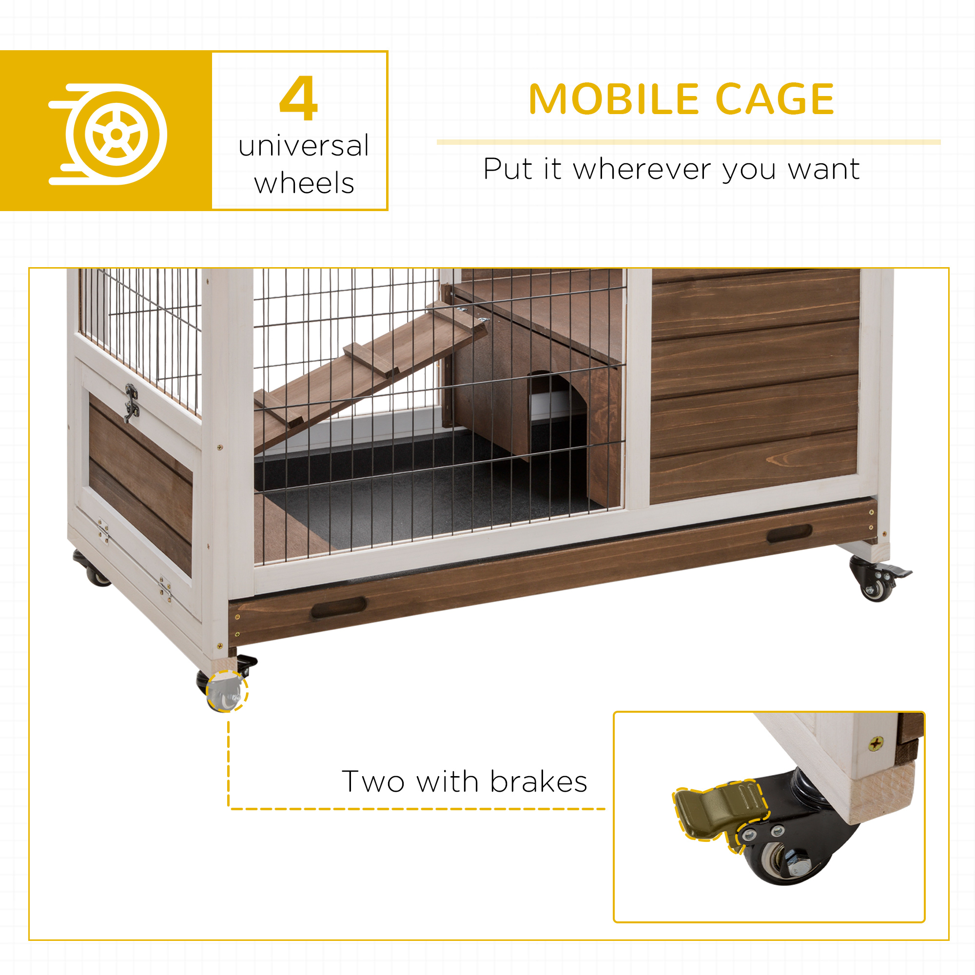 PawHut Caja de Conejo en Madera para Interior y Exterior, Jaula Elevada con Plataforma Sin Derrames Con puertas y Ruedas, Ideal para Conejos y Pequeños Animales, Marrón — imagen 6