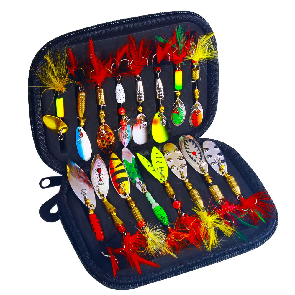 16PCS rotate Spinnerbait Metal Spoon Spinner Fishing Lure Hard Bait With Feather Treble Hooks with Bag Spinnerbait Tackle — imagen 2