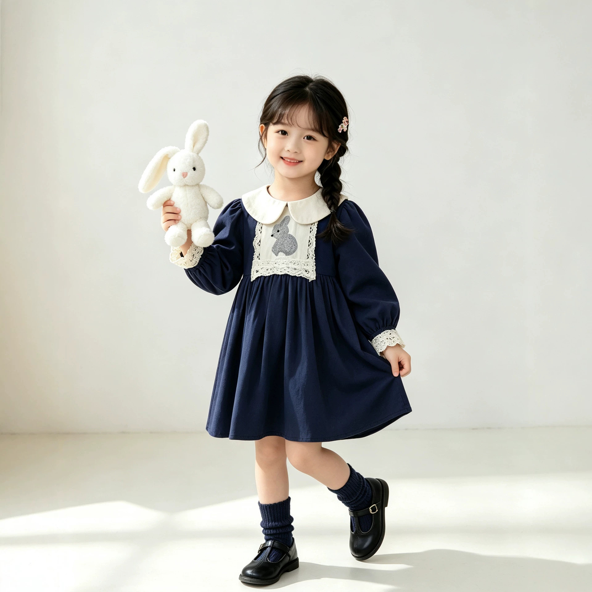 Children's Dress Peter Pan Collar Rabbit Embroidery Long Sleeve — image 6
