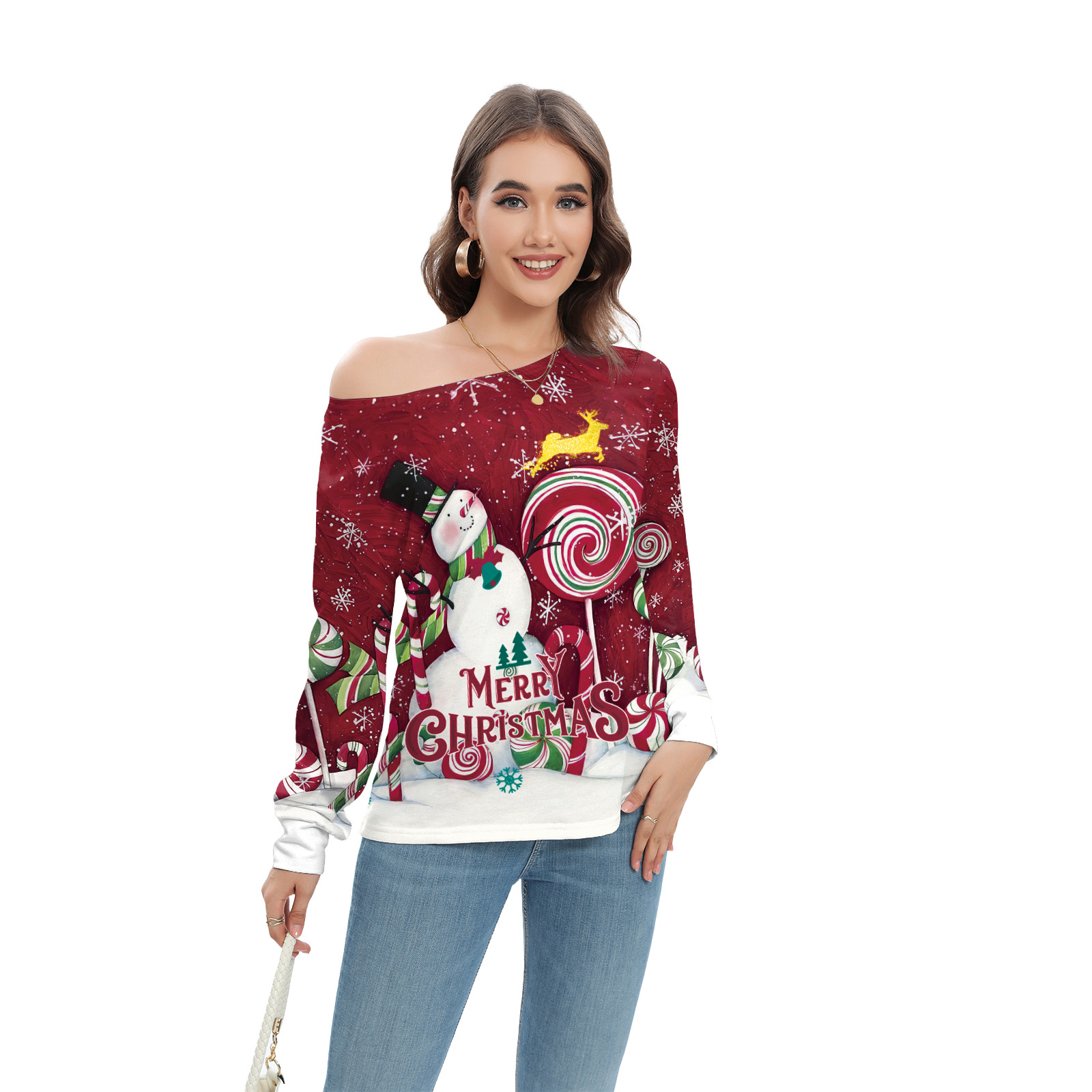 Top de mujer con hombros inclinados y mangas largas para Navidad con ciervo — imagen 3