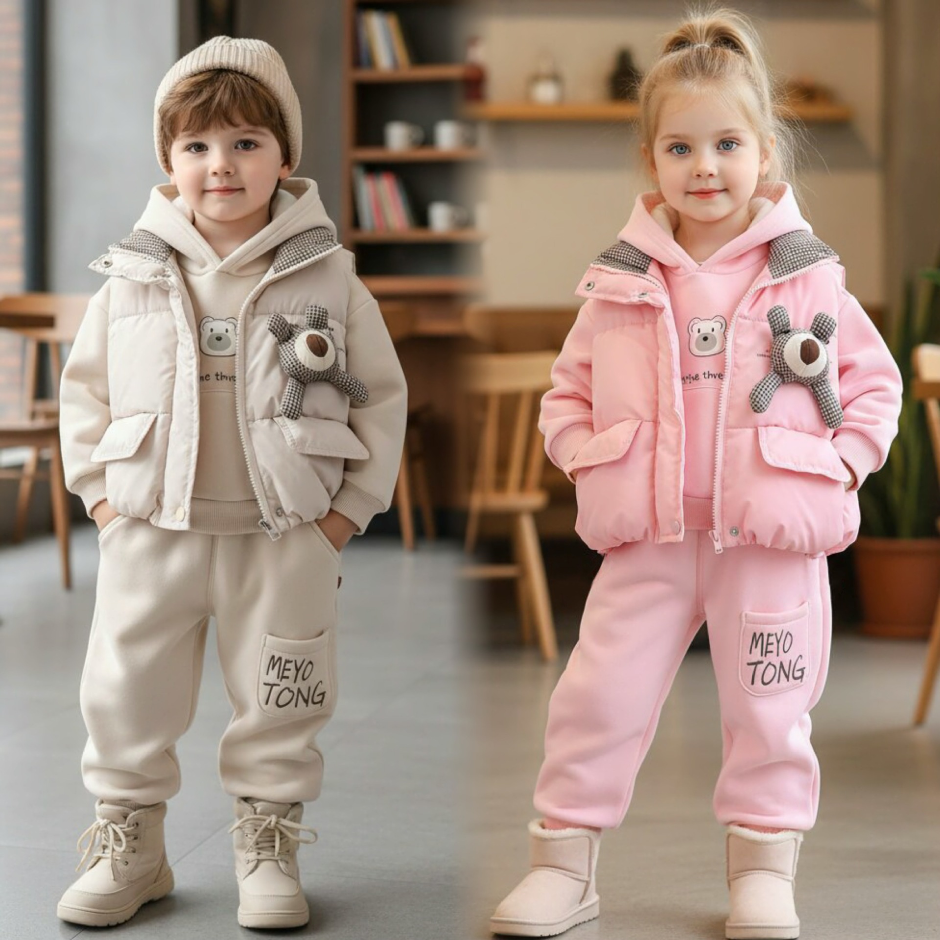 Unisex Kids Winter Fleece-Lined Hoodie Sweatshirt Thickened Bear Head Cotton Vest 3-Piece Set — image 5