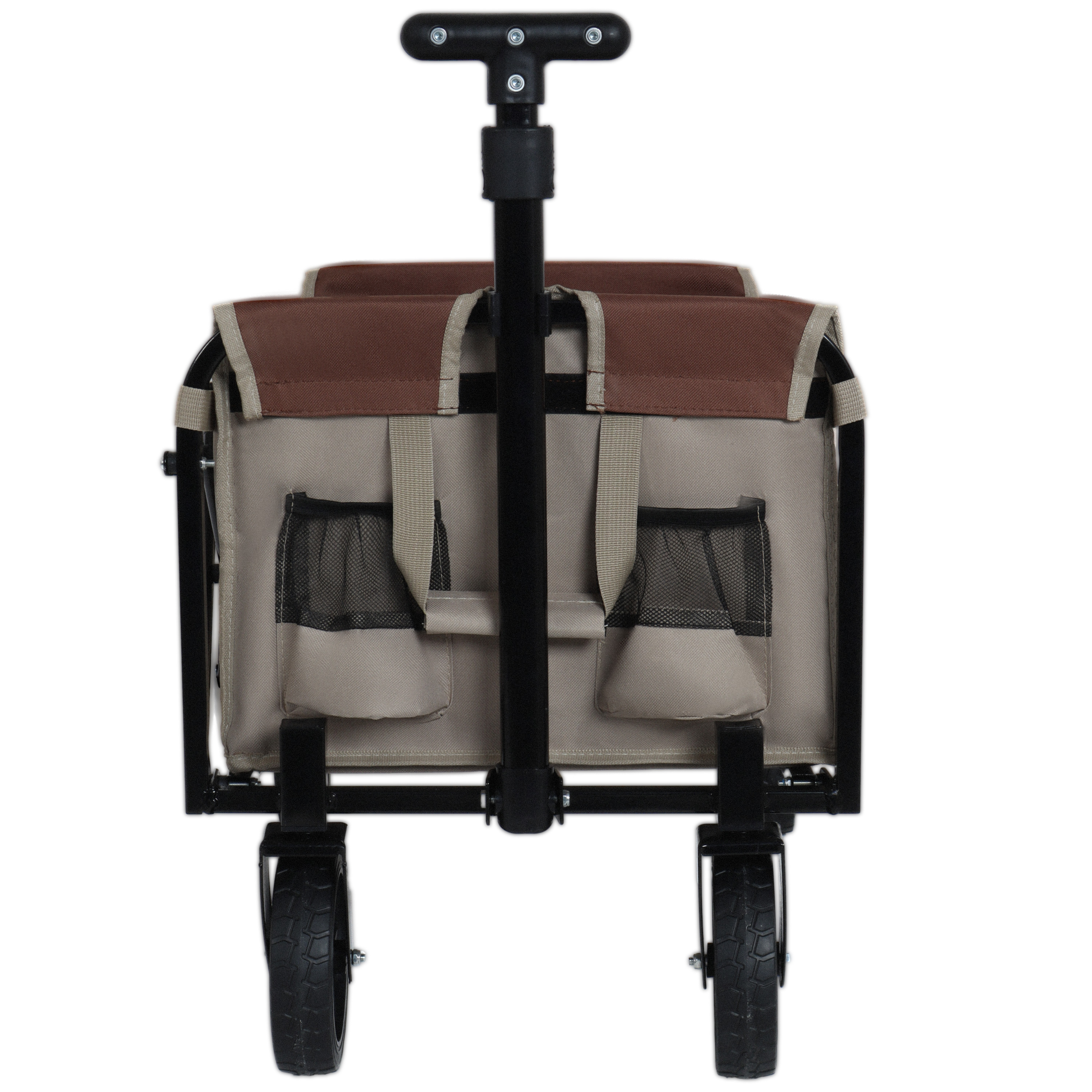 All- In- One Convertible Folding Camping Wagon Cart Bench Seat Storage Compartment & Included Dog Tether Beige Brown — image 3