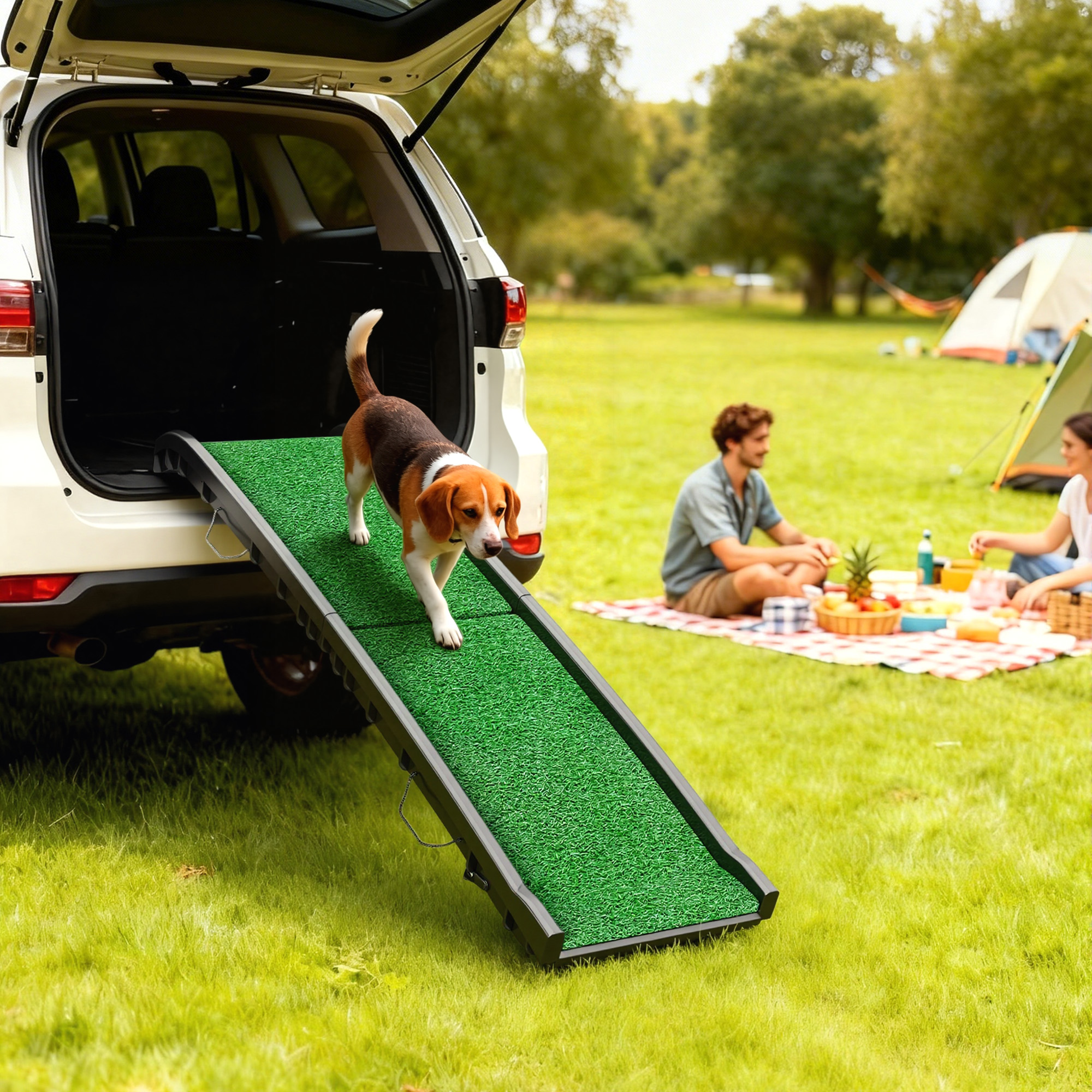 Folding Dog Ramp For Car, 61 Inches Portable Pet Ramp With Non Slip Grass Surface, Raised Side Rails — image 1