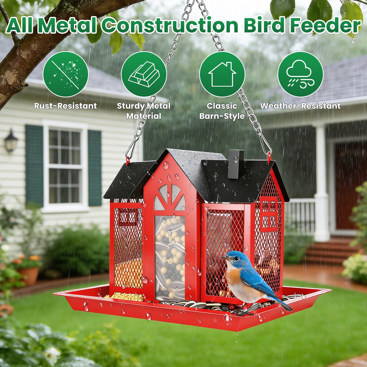 Casa de Comida para Pájaros Colgante Clásico Estilo Granja con Ventana Visible y Tapete Superior de 15,75 Pulgadas — imagen 3