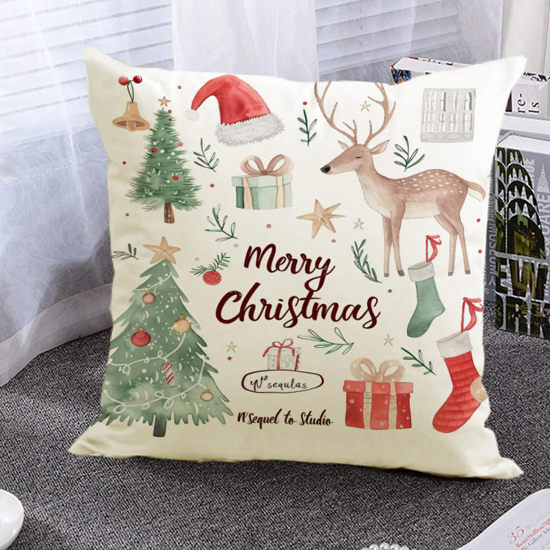 Christmas Socks Printed Pillow Cover Christmas Reindeer Linen Pillowcase Living Room Bedroom Decoration — image 4