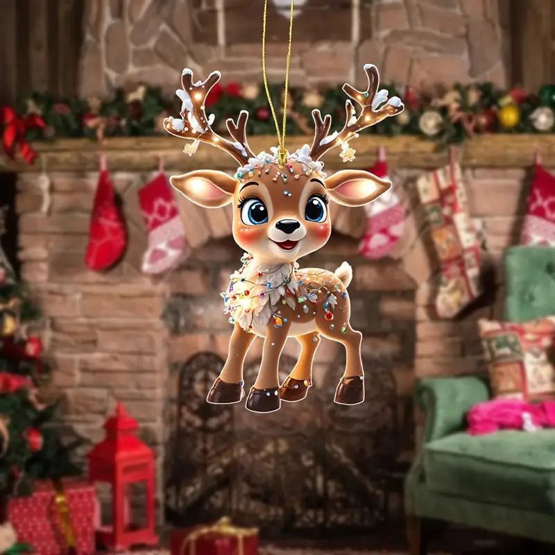 Christmas Reindeer Tree Decoration Acrylic Flat Car Rearview Mirror Hanging Ornament Home Decor Ready — image 3