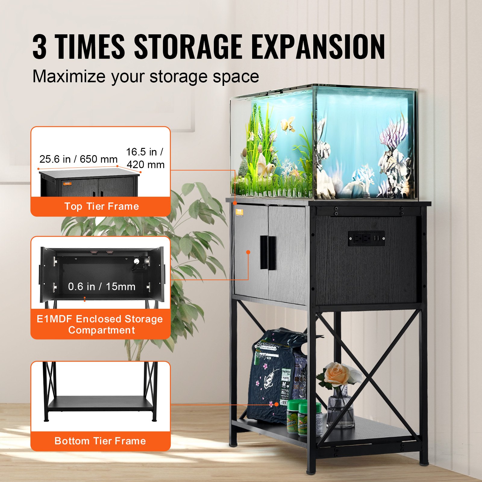Aquarium Stand, 20 Gallon Fish Tank Stand, 25.6 X 16.5 X 31.9 In Steel And MDF Turtle Tank Stand, 167.6 Lbs Load Capacity, Reptile Tank Stand With Storage Cabinet And Embedded Power Panel, Black — imagen 3