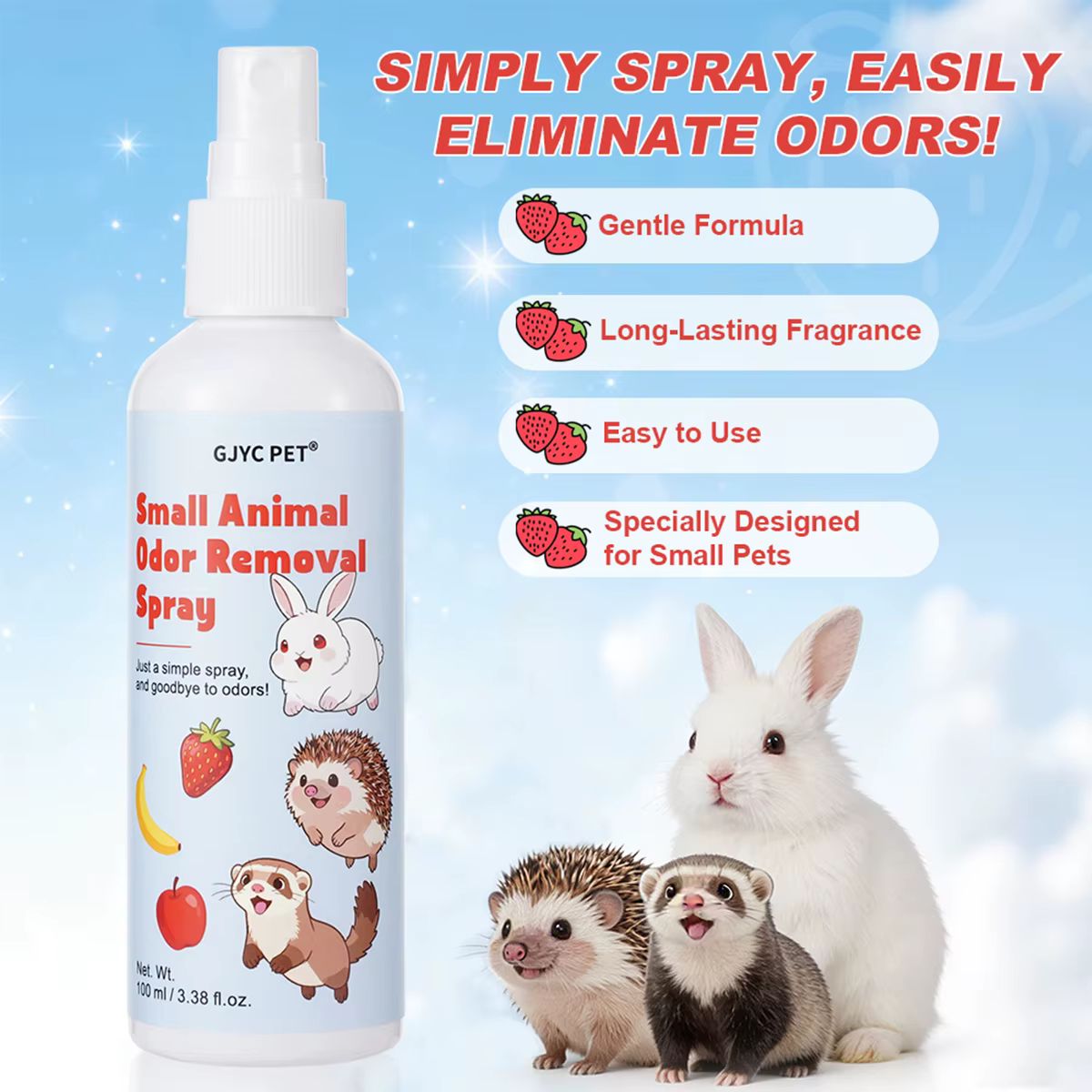 Small Animal Odor Remover Spray 100ml Strawberry Scent Gentle Long Lasting for Rabbit Ferret Hedgehog Guinea Pig Cage Care — image 2
