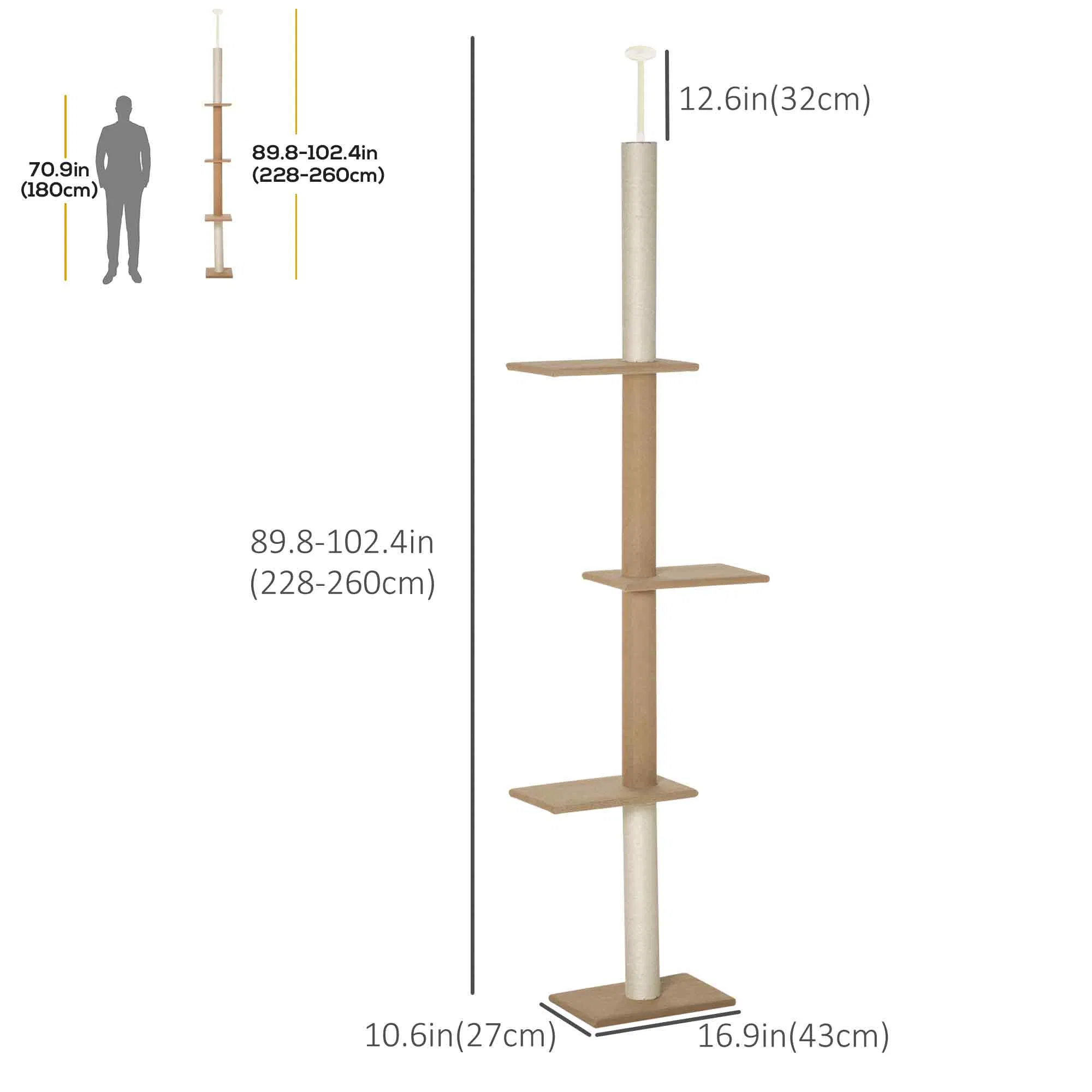 100" Floor To Ceiling Cat Tree w/ 3 Perches Activity Center for Kittens Cat Tower Furniture, Brown — image 6
