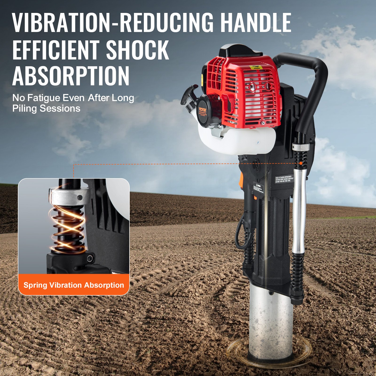 52cc Gas-Powered T Post Driver, 2-Stroke Engine Gasoline Fence Piling Pounder, 1300W Portable Piledriver With 3 Post Driving Head(49/69/100 Mm), For Farm, Ranch Fencing, Road Improvements — imagen 4
