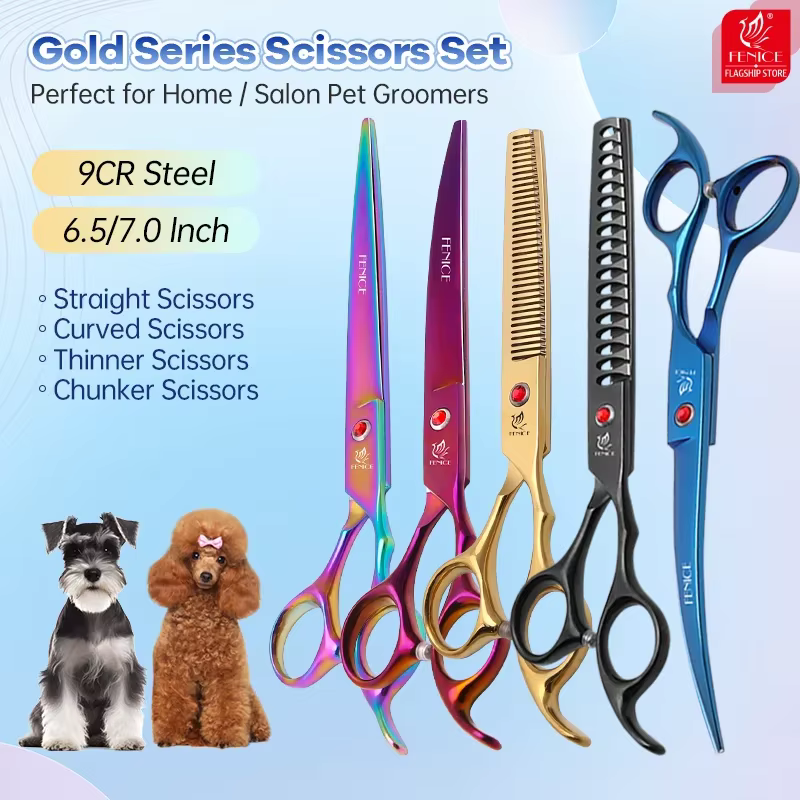 Fenice 6.5/7 Inch Colorful Professional Dog Grooming Scissors Set Kits Straight Thinner Curved Chunker Grooming Shears Tool Set — image 2