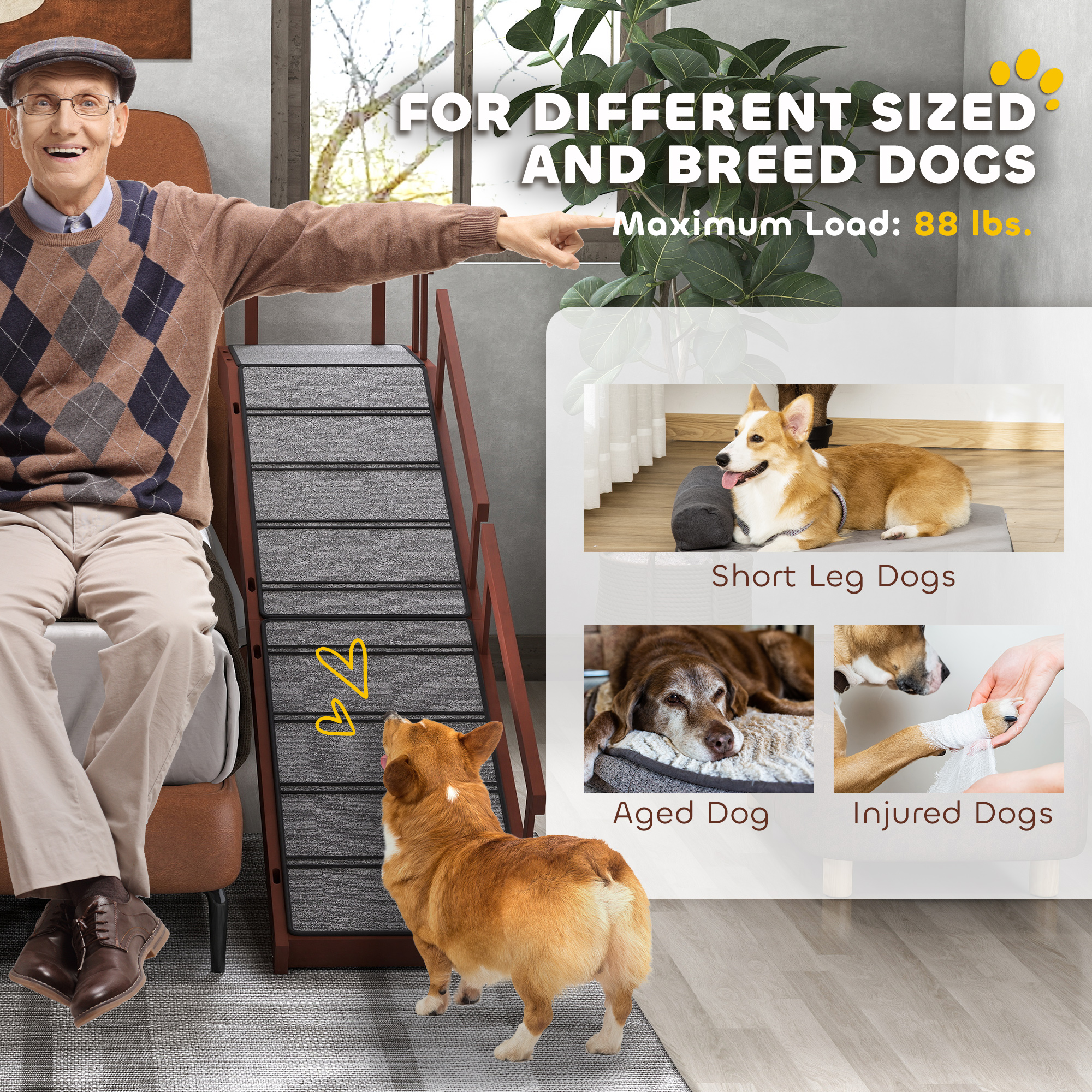 Wooden Dog Ramp with Removable Guardrails, Non-Slip Surface, 70.5" Long, Brown — imagen 2